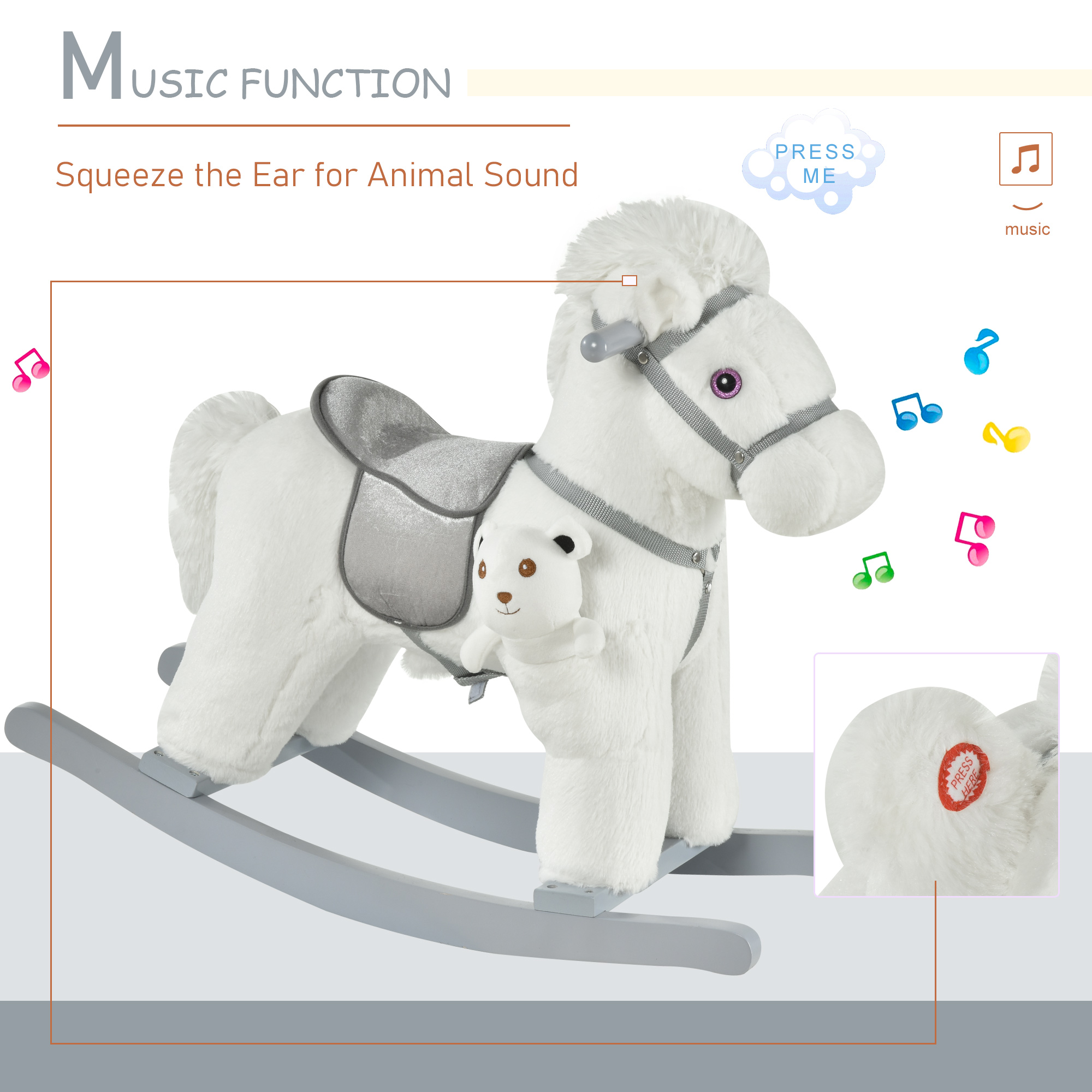 Kids Rocking Horse with Bear Toy, Plush Animal Rocker with Fun Realistic Sounds for Toddler 18-36 Months, White — image 4