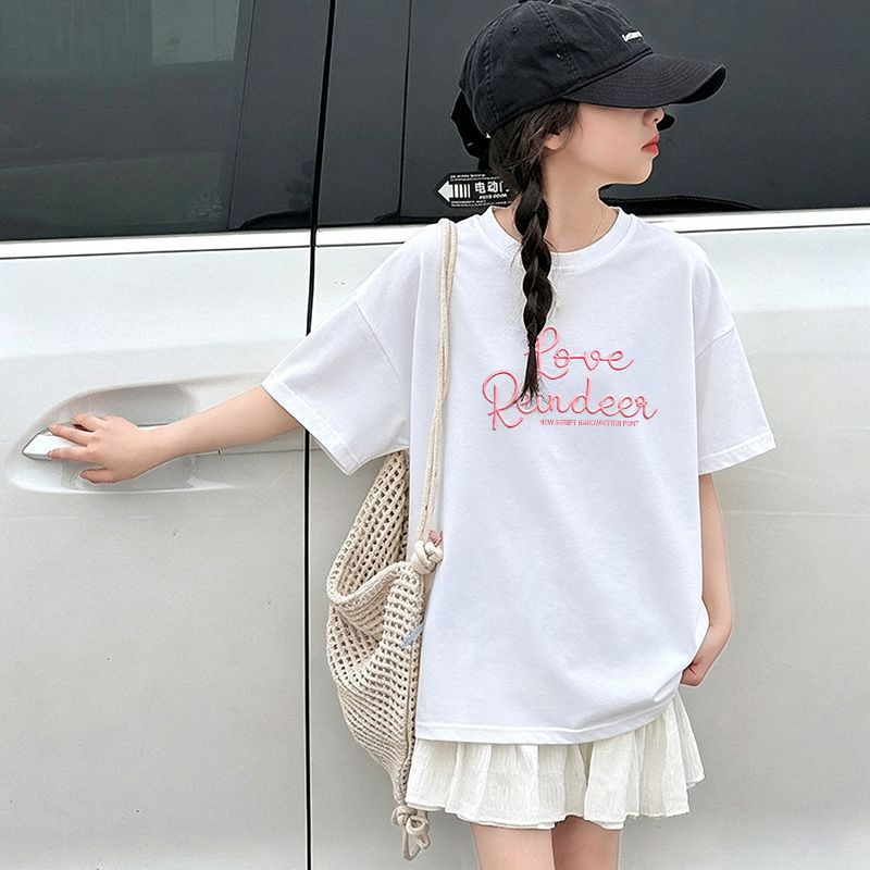 Girls' Short Sleeve T-Shirt Children's Medium to Large Size Elementary School Kids Cute Cat Print Top T-Shirt — image 6