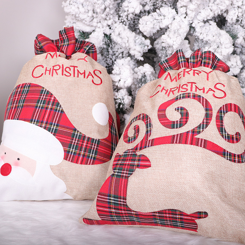 Santa Claus Little Deer Christmas Linen Gift Bag Drawstring Ribbon Candy Bag Christmas Decorative Apple Bag — image 4