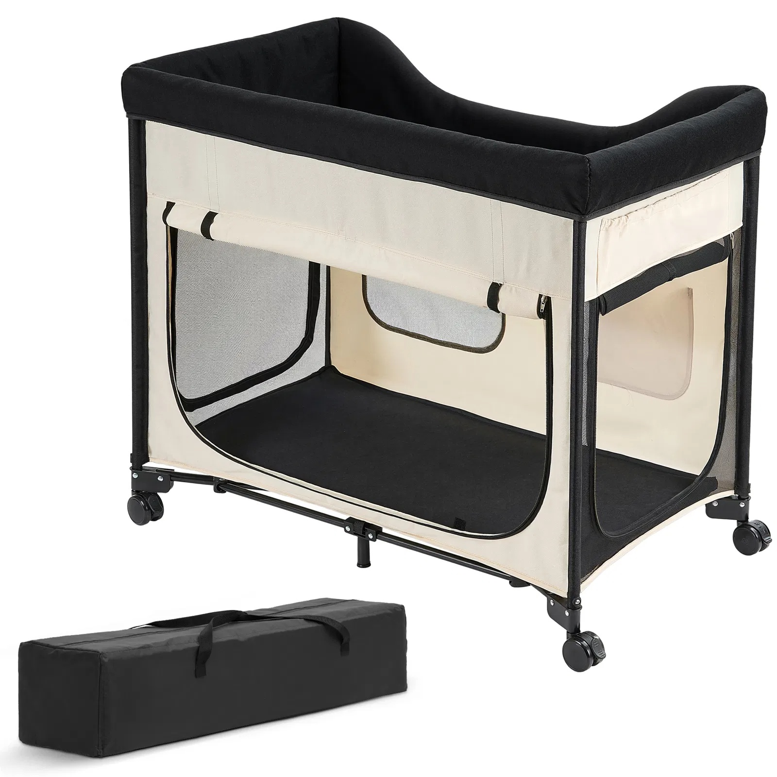 Cama de Descanso Elevada para Perros XL, Cama Portátil con Ruedas para Grandes Perros y Gatos, 600D Tela de Lino Oxford y Alfombrilla de Veludo Holandés con Muelles de Espuma, Almacenamiento Lateral para Accesorios — imagen 9
