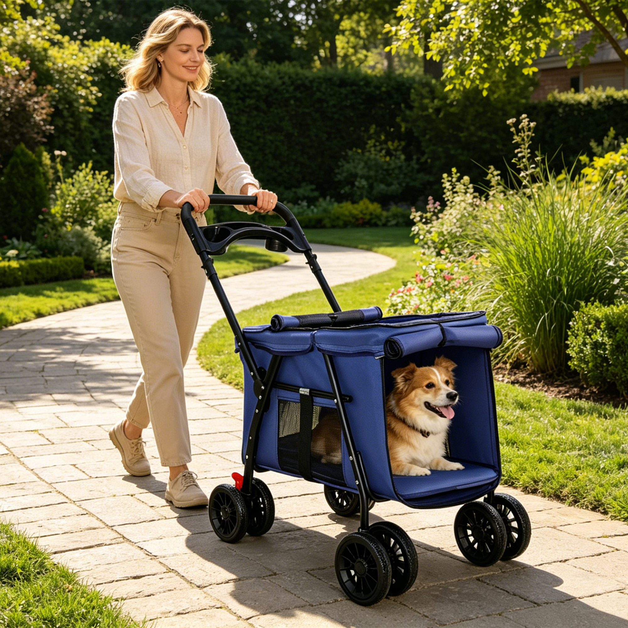 Pet Stroller, Foldable 4-Wheel Design, Breathable Mesh Dog Cat Stroller with Shockproof Wheels, Brake System, Storage Tray, 2 Fixed Safety Leashes, Large Space for Small Medium Pets, Navy Blue — image 20