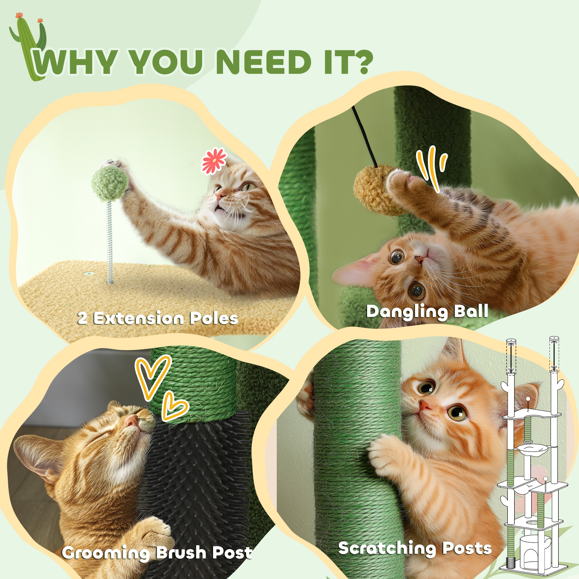 Rascador para Gatos del Piso al Techo 89"-100", Torre para Gatos con Poste con Cepillo de Aseo, Casita y Hamaca, Verde — imagen 7