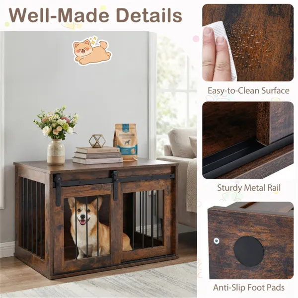 Jaula-Mueble para Perro de 31.5" con Puerta Corrediza Estilo Granero, Mesa Auxiliar/Casa para Perro de Madera para Interiores - Marrón Rústico — imagen 2