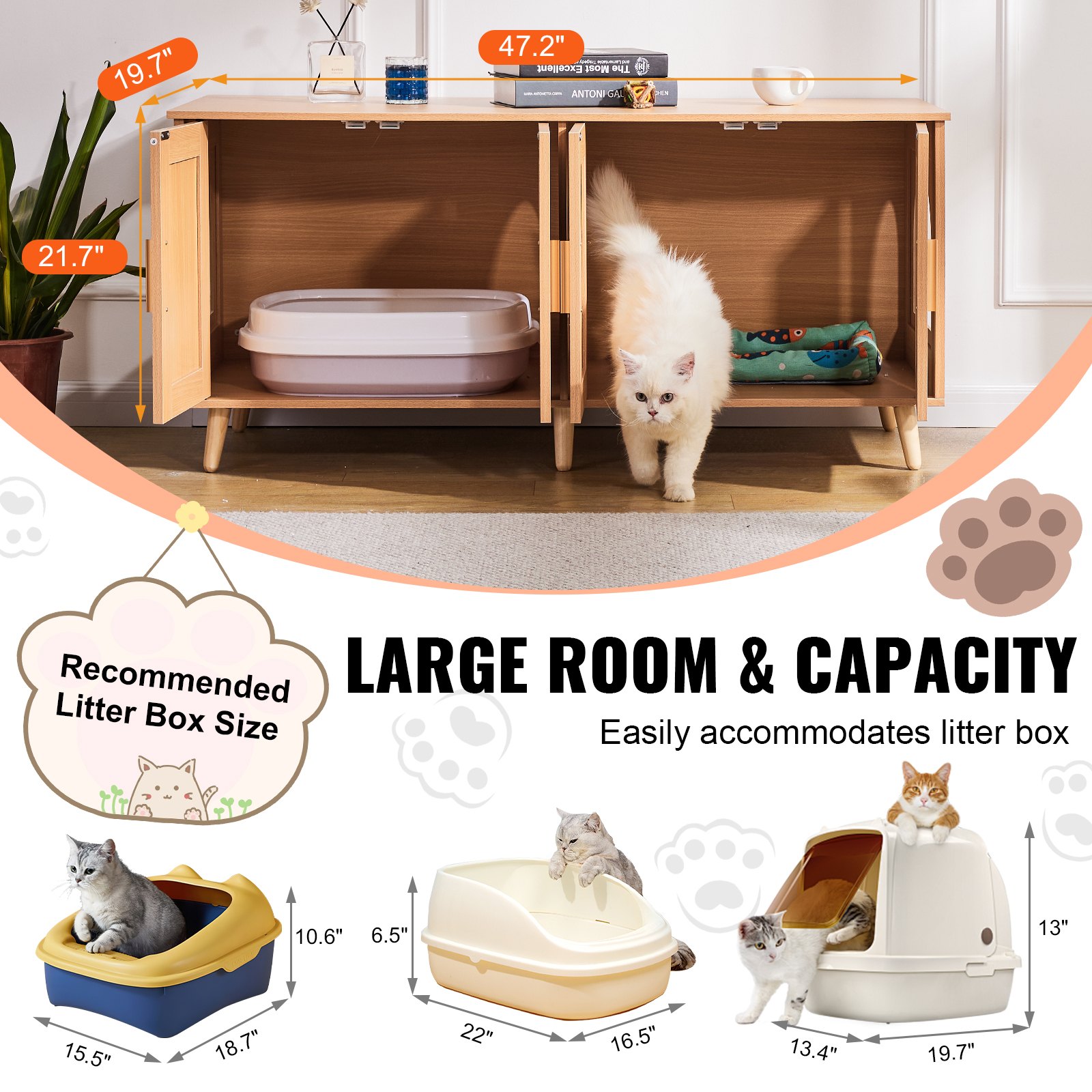 Caja de Lecho para Gatos con Encierro, Decoración de Puertas de Rattán Natural, Armario de Madera para Lugar de Lecho Oculto, 47.2"L x 19.7"A x 21.7"H — imagen 2