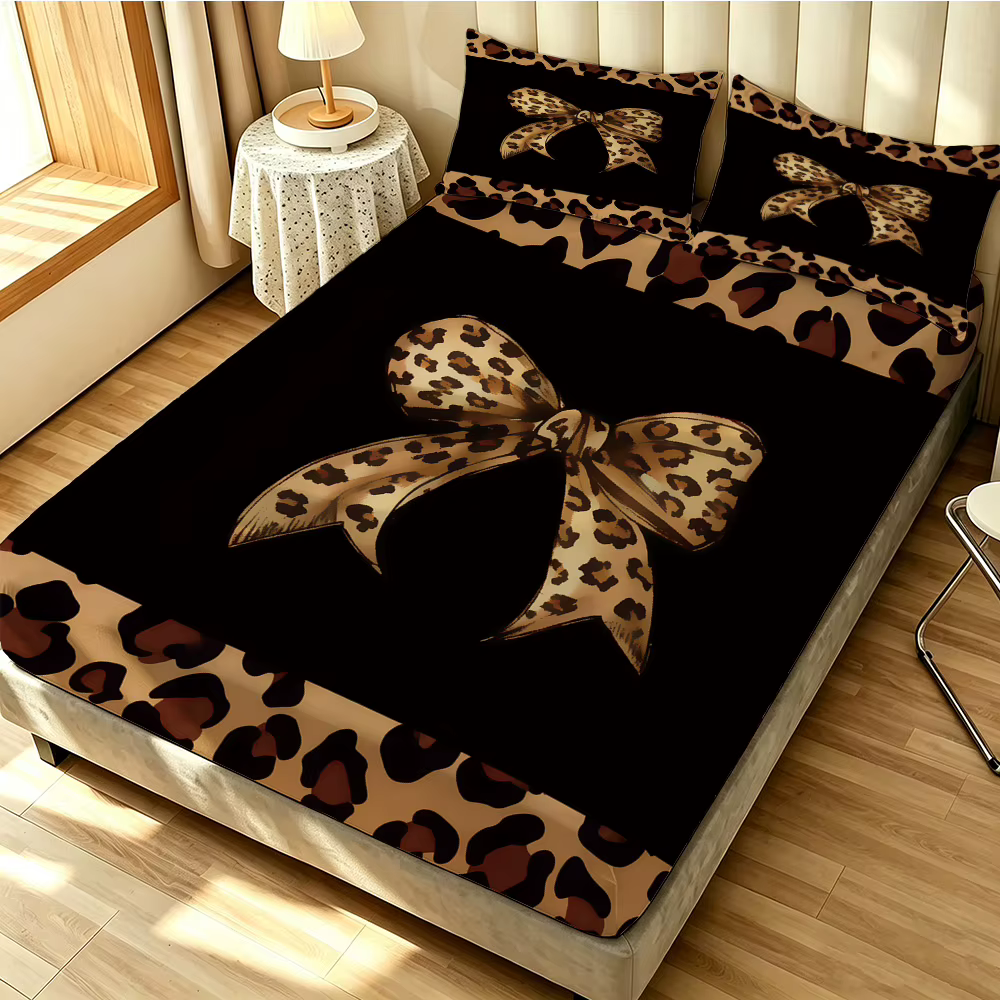 Juego de Sábanas sin Relleno de Verano con Estampado de Leopardo y Moños 3 Piezas, Varios Tamaños, Ropa de Cama Cómoda, Decoración, Lavable a Máquina — imagen 2