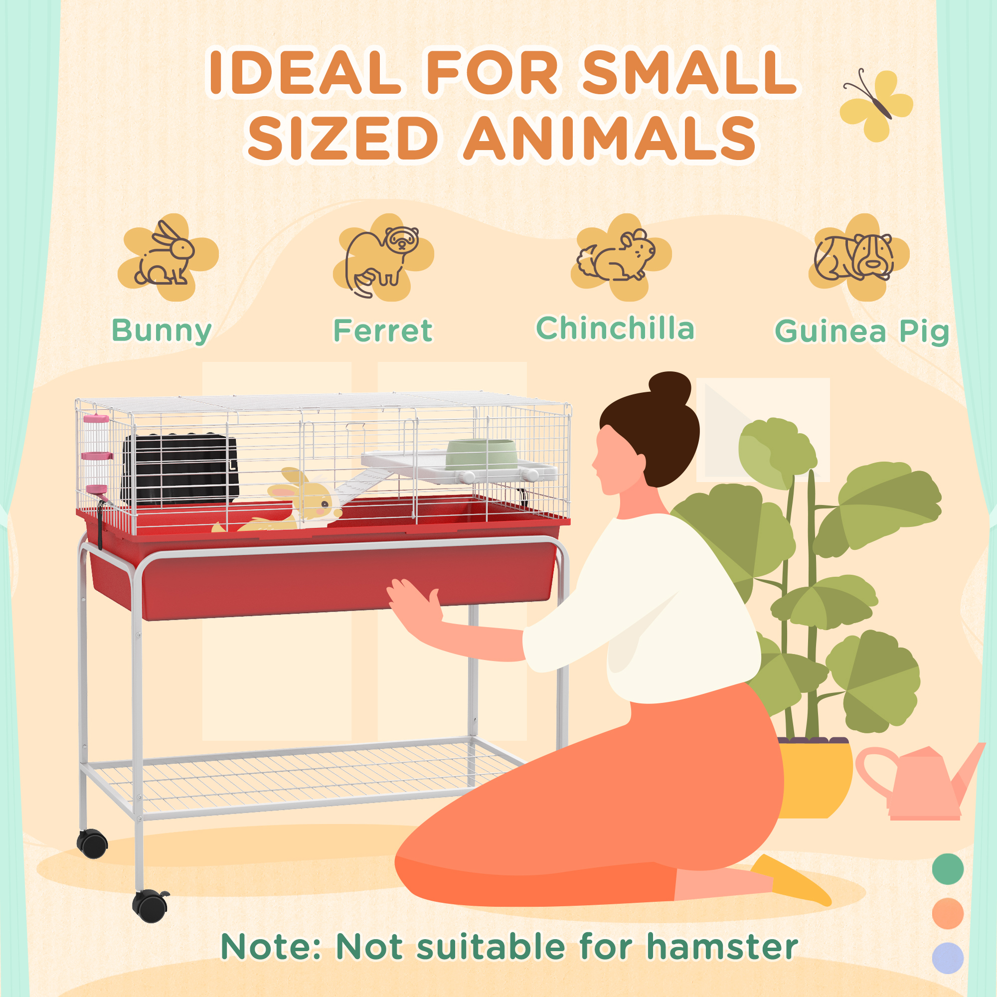 Two-Story Small Animal Cage Removable from Stand, Pet Habitat with Shelf & Wheels, 33" x 18.5" x 35", Red — imagen 3