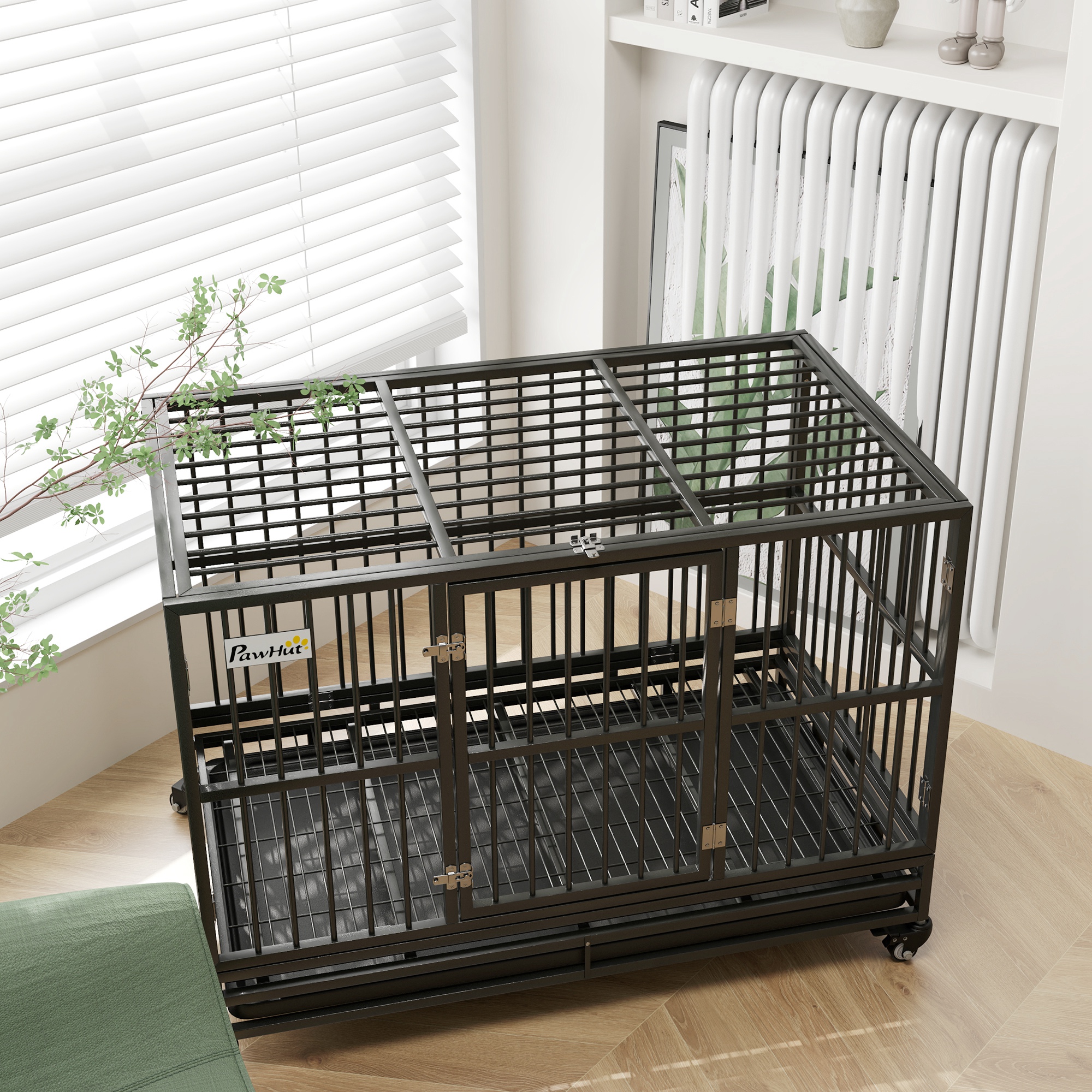 48" Heavy Duty Dog Crate Metal Cage Kennel with Lockable Wheels, Double Door and Removable Tray, gray — imagen 5