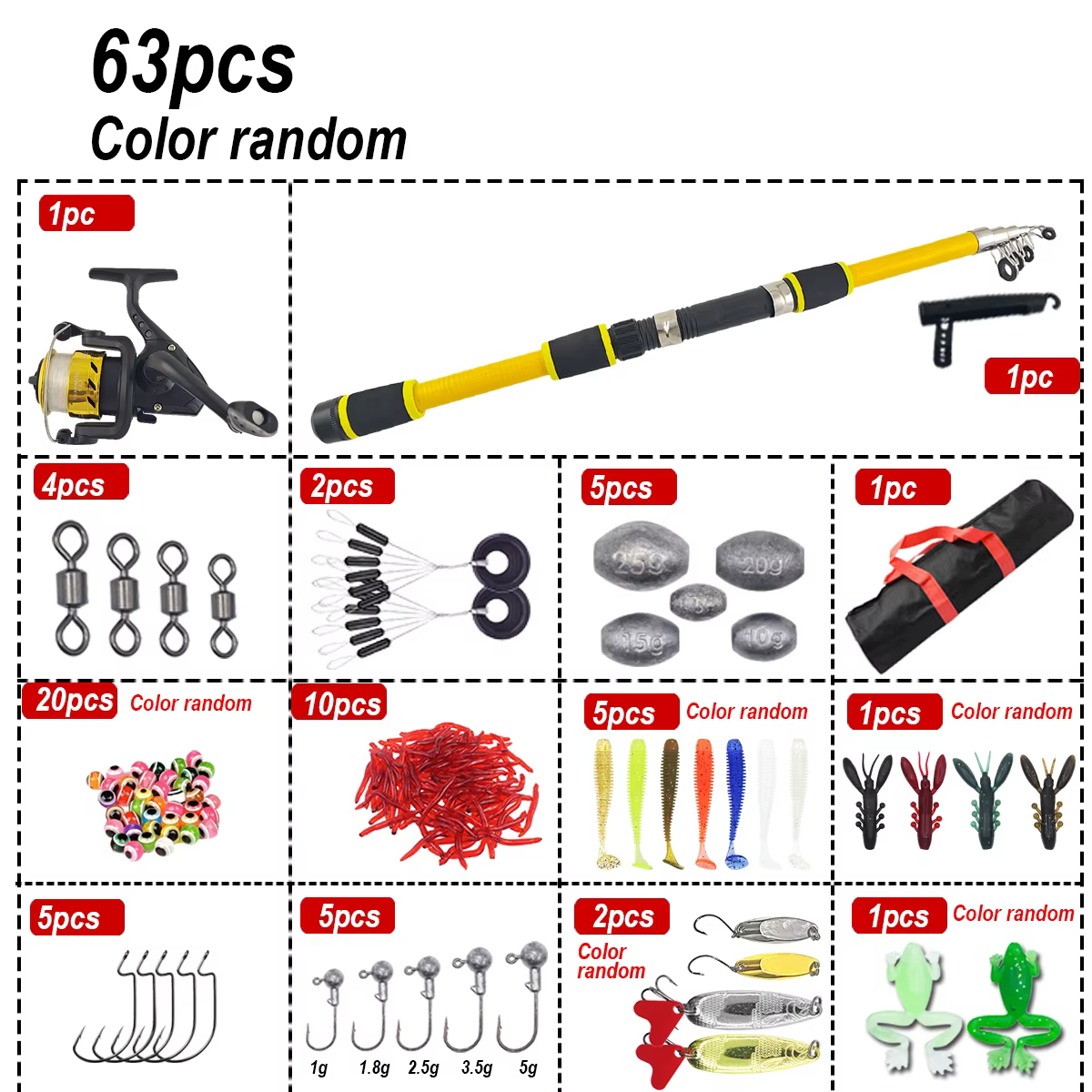 63 Pcs Beginner Fishing Combo 1.8m - Kids Telescopic Rod, Reel & Accessories for Outdoor Lake & Pond Fishing — image 2