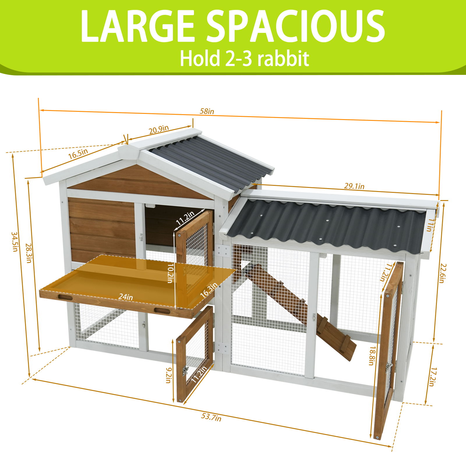 58 Wooden Outdoor Indoor Roof Waterproof Bunny Hutch Rabbit Cage Guinea Pig Coop PET House For Small To Medium Animals With Stairs And Cleaning Tray — image 2