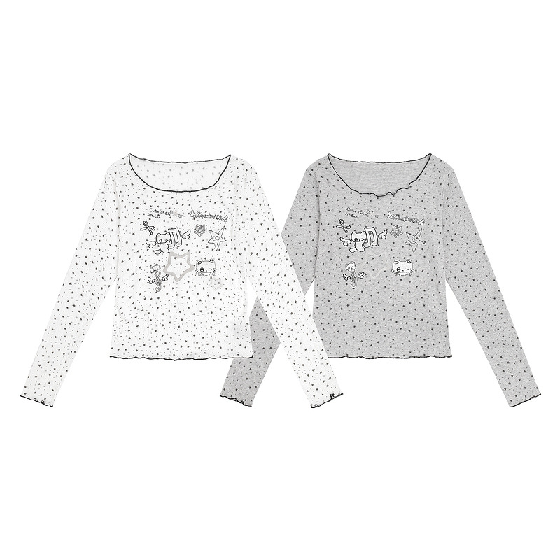 Grey background wavelet dot cat note printed long sleeved T-shirt for women — image 4