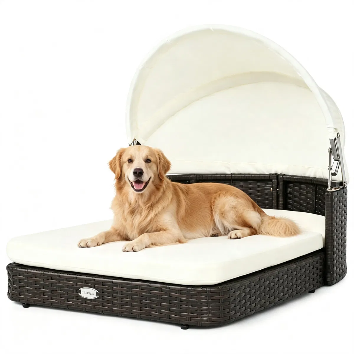 Hand-Woven PE Rattan Dog Bed with Adjustable Canopy, Elevated Outdoor Pet Daybed with Washable Plush Cushion, Anti-Slip Breathable Pet Shelter for Indoor Patio Garden-White — image 1