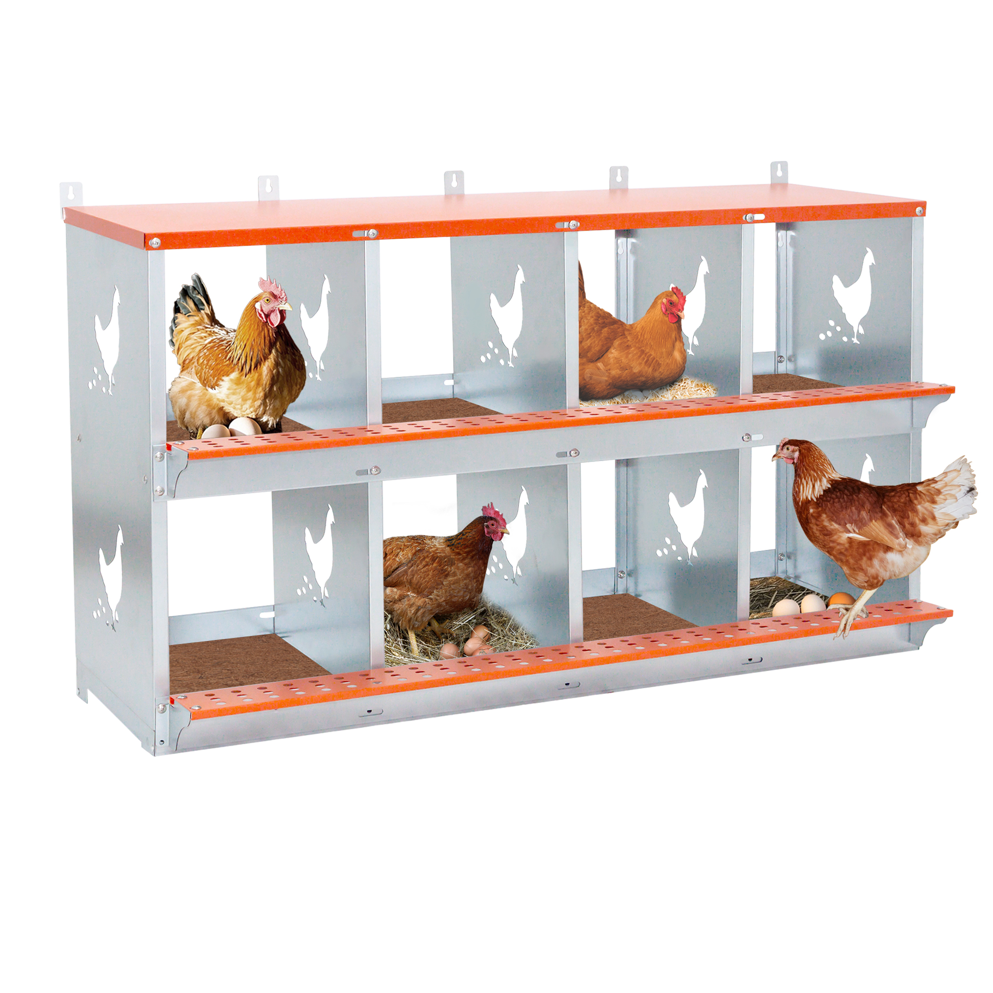 8-Bay Metal Nest Box-Wall Mount For Hens Ducks, Easy Egg Assembly, Vented Galvanized Steel Coop Equipment Orange — imagen 1