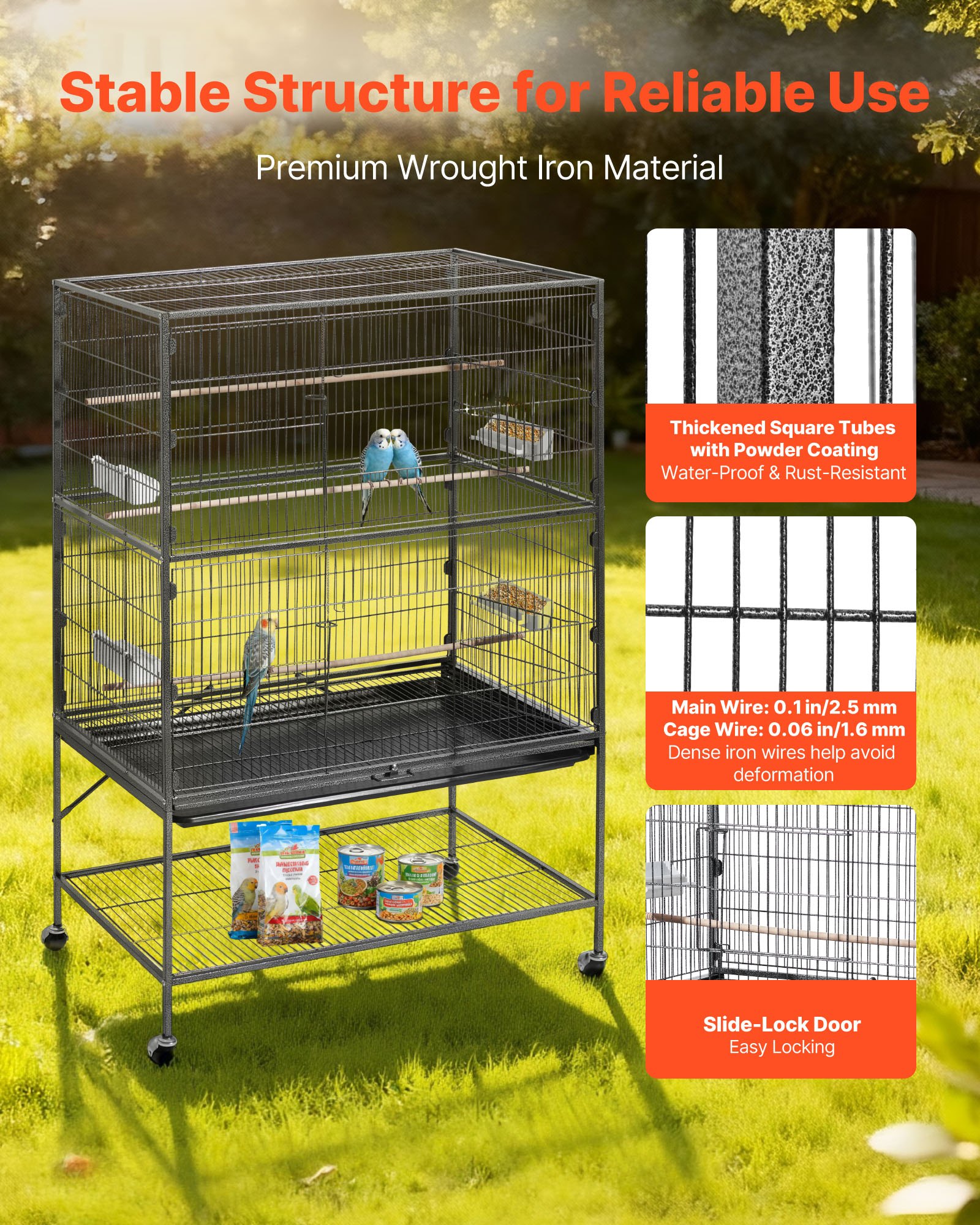 Bird Cage, 36.6 X 22.8 X 59.5 Inch, Flat Top, Wrought Iron Bird Flight Cage With Perches, Slide-Out Tray And Plastic Feeders, For Blue Tit, Cockatiel, Canary, Monk Parakeet, African Grey Parrot — image 3