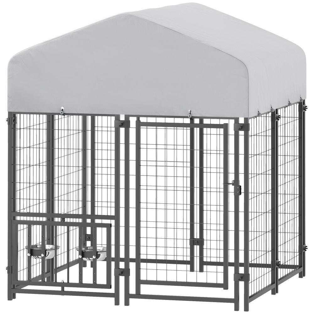 Welded Wire Outdoor Dog Kennel With 360 Rotating & 4 Levels Adjustable Bowls, Waterproof Cover, 3.9 X 3.9 X 4.5 — image 1