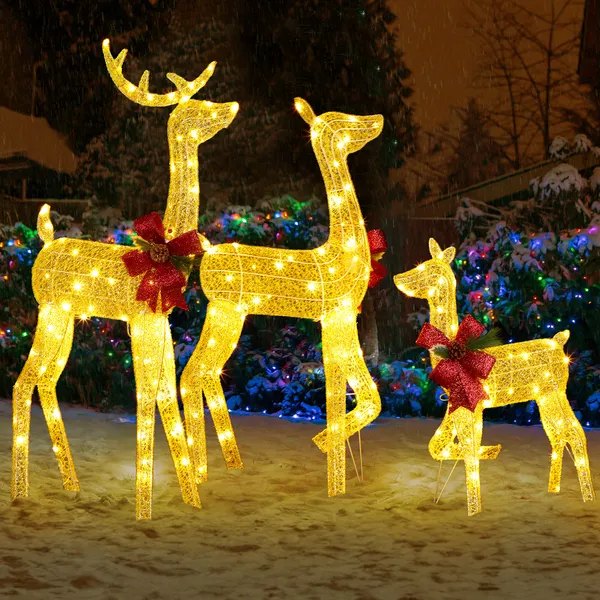 3-Piece Lighted Christmas Reindeer Family Set Outdoor Decorations, Weather Proof 2D Deer Family Set Of 3 Christmas Ornament Home Decor Pre-lit 200 LED Warm White Lights With Stakes, Golden — imagen 4