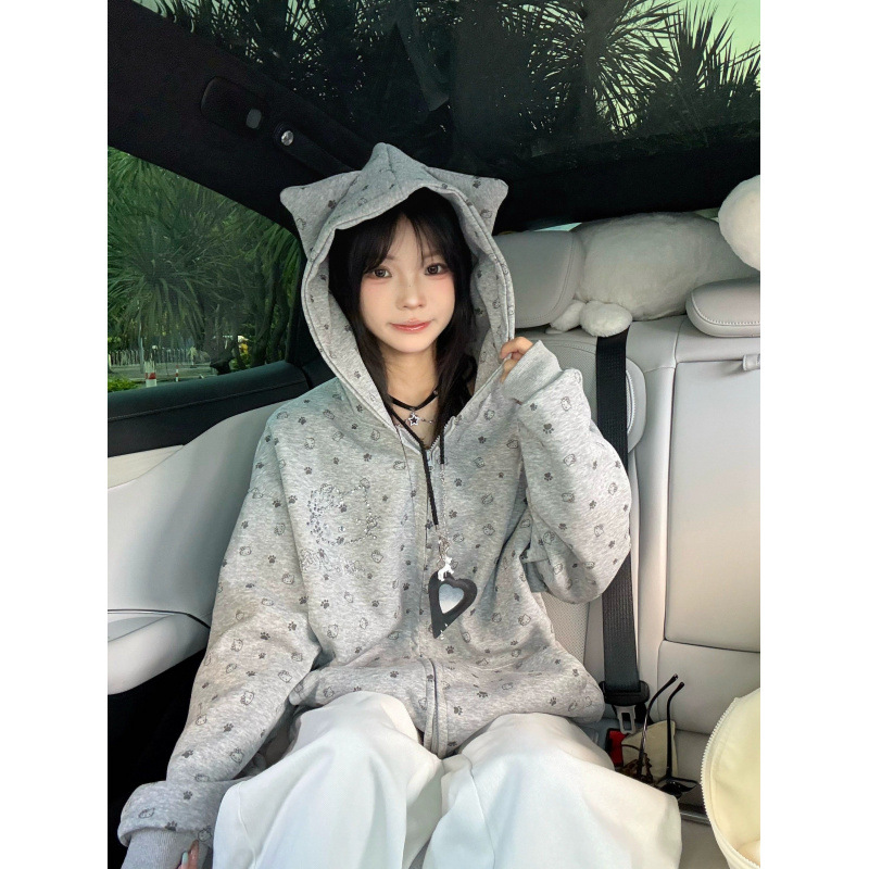 Women's Sweet Cool Rhinestone Kitty Cat Paw All Over Print Hooded Loose Cardigan Jacket — image 6
