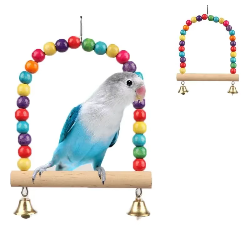 Juguetes de Suelo para Pájaros - Oscilador de Madera con Campanas y Anillos Acrílicos para Canarios y Periquitos — imagen 1