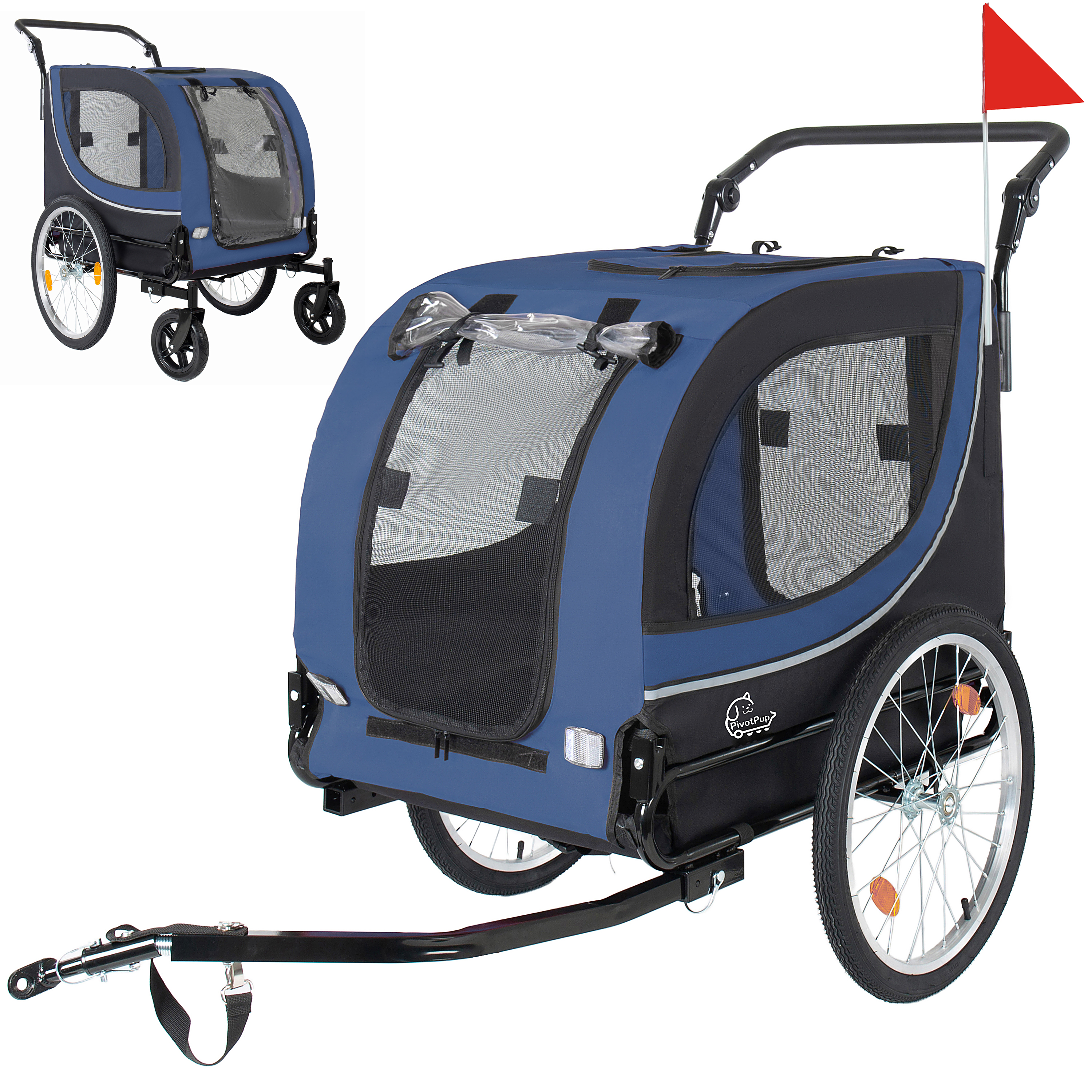 2-in-1 Bike Trailer & Pet Stroller For Dogs Up To 100lbs Foldable Pet Carrier Cart With Two 8 Front Caster & 20 Quick Release Air-Filled Wheels, Breathable Mesh And PVC Rain Cover, Dark Blue — imagen 1