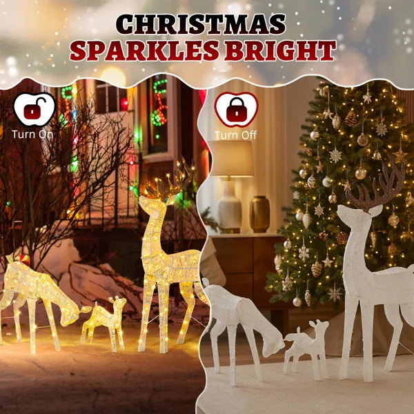 3-Piece Lighted Christmas Reindeer Family Set Outdoor Decorations, Weather Proof Deer Family Set Of 3 Christmas Ornament Home Decor Pre-lit 280 LED Warm White Lights, White — imagen 2