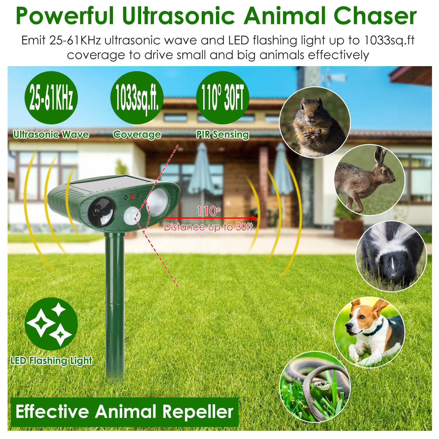 Repelente de Animales Solar con Sensor PIR y Luz Parpadeante IPX4 Resistente a Agua para Perros, Gatos, Serpientes, Conejos, Ardillas, Ratas, Mapaches, Liebres, Zorros y Cérvidos — imagen 2