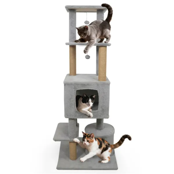 Torre para Gatos Gris Claro de 64" con Perchas de Peluche y 3 Bolas Colgantes, Postes Rascadores de Yute y Dispositivo Antivuelco para Hogares con Varios Gatos — imagen 4