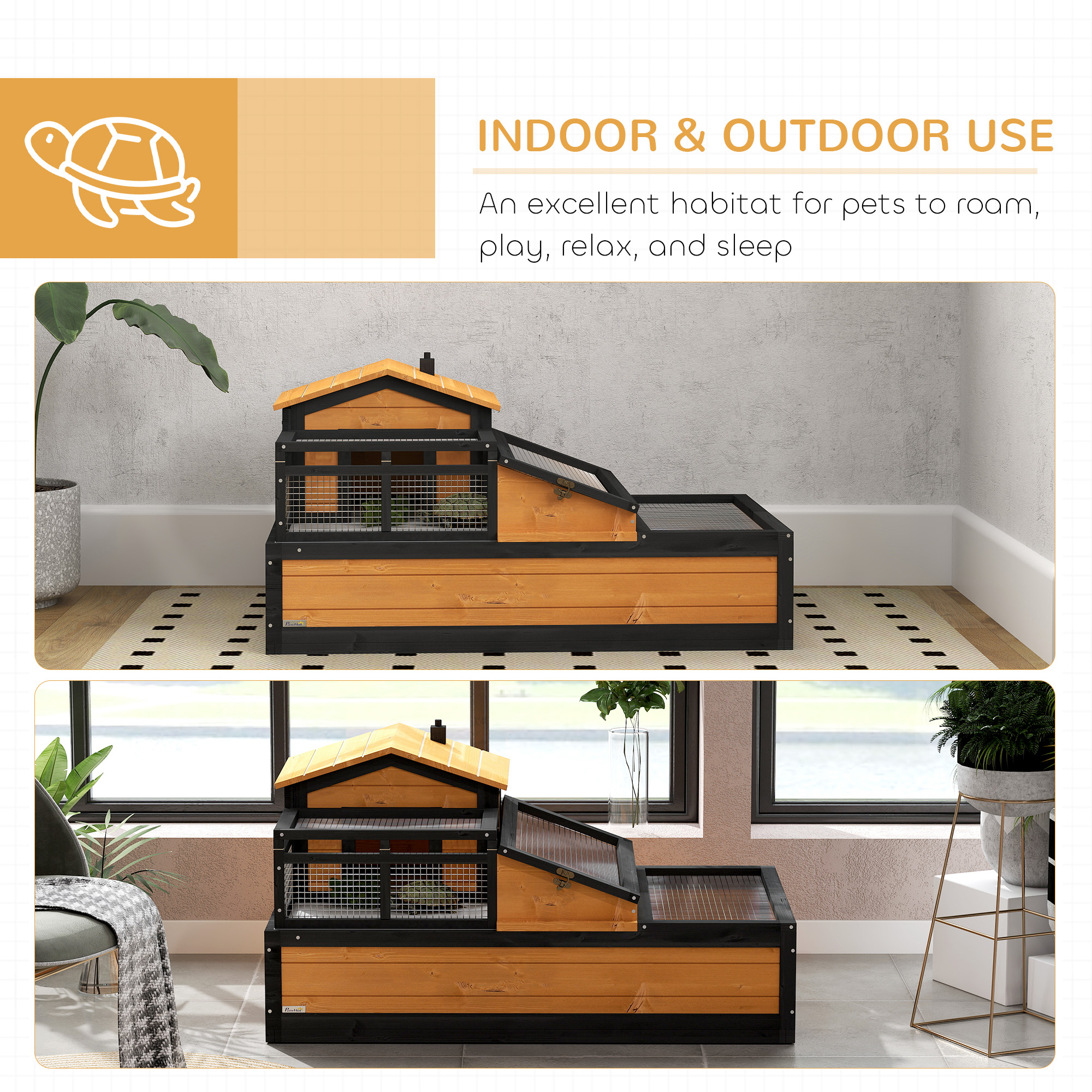 Casa Hábitat para Tortugas de 3 Habitaciones con Balcón y 2 Pisos, 44" x 25.5" x 25", Amarillo — imagen 7