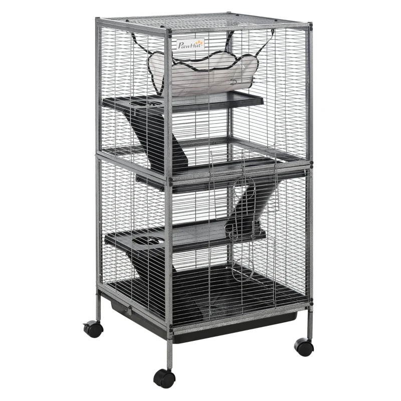 PawHut Metal Small Animal Cage Rolling Big Ferret Cage, Chinchilla Cage, Sugar Glider Cage, With Hammock & 4 Tiers, Removable Tray, Gray — imagen 1