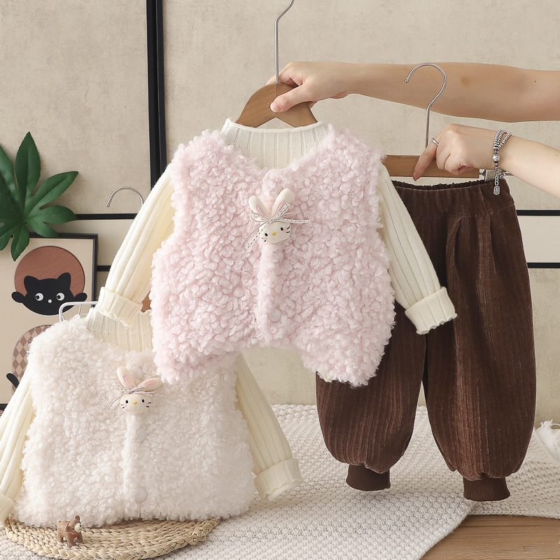 Stylish Girls Fleece-Lined Three-Piece Set with Rabbit Vest — image 3