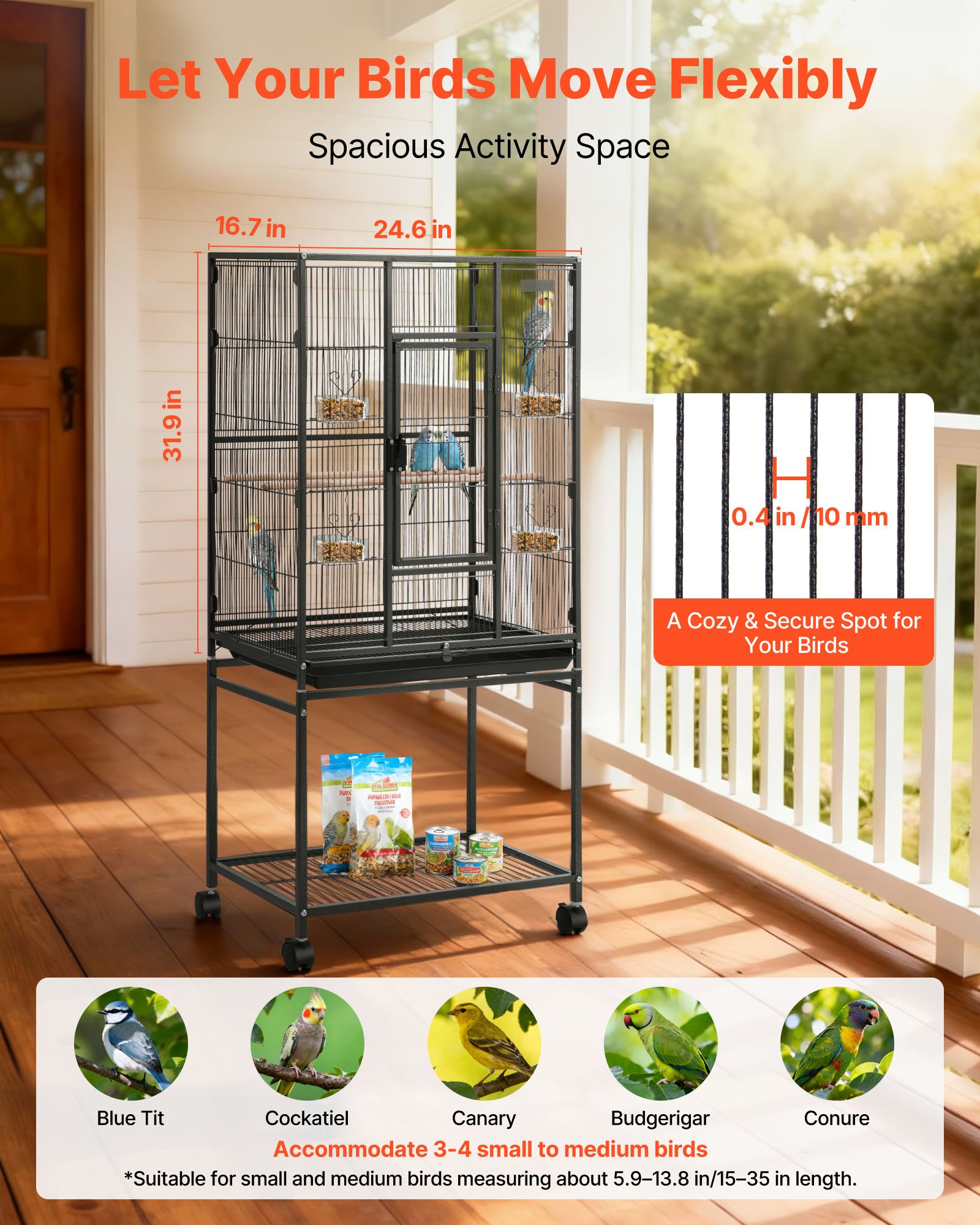 Bird Cage, 24.6 X 16.7 X 53.9 Inch, Flat Top, Wrought Iron Bird Flight Cage With Perches, Slide-Out Tray And Plastic Feeders, Casters, For Parrot, Blue Tit, Cockatiel, Canary, Budgerigar, Conure — imagen 2