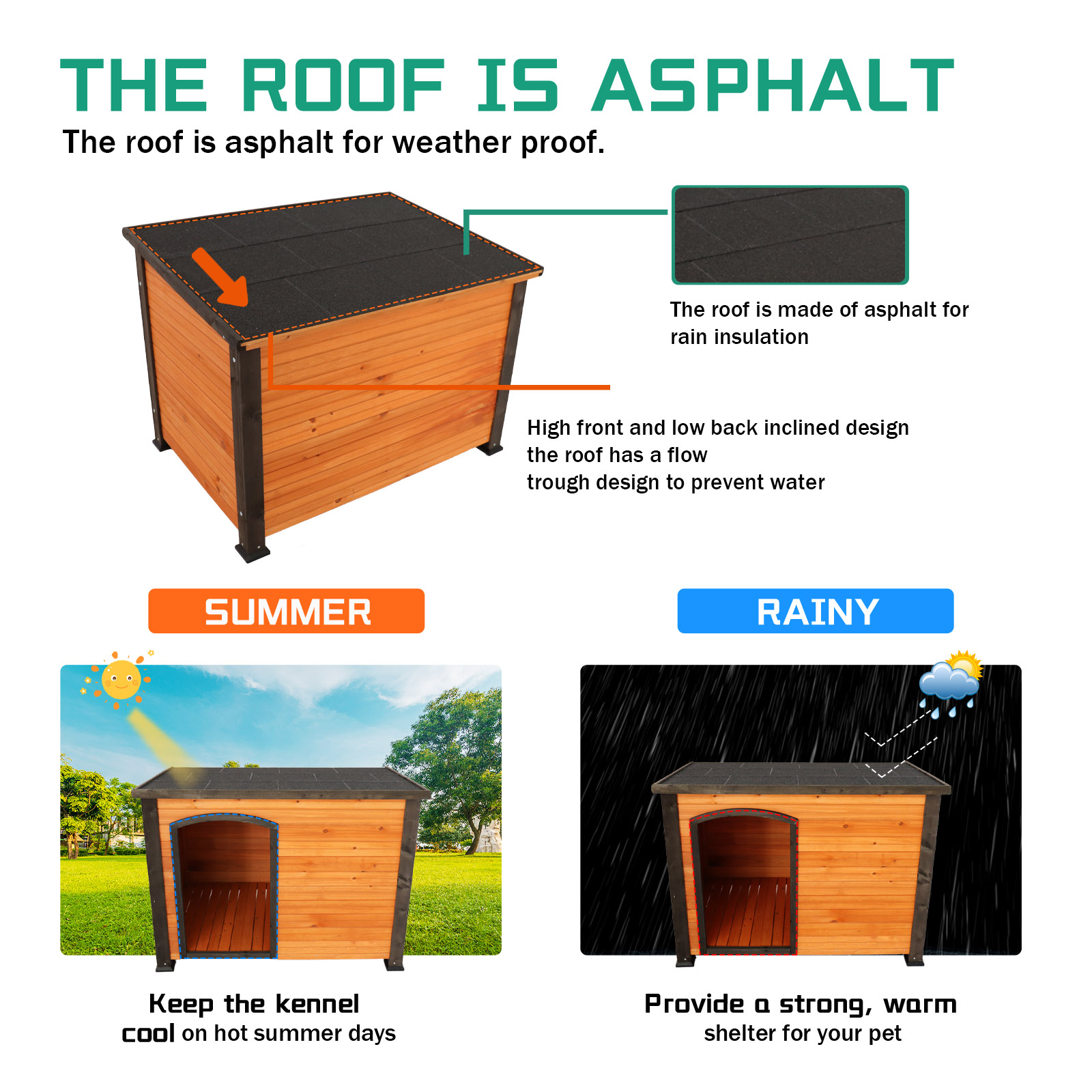 Casa para perro de 45" para exterior e interior, caseta de madera con tira para invierno y patas elevadas, resistente a la intemperie para perros grandes, dorado, rojo y negro — imagen 2