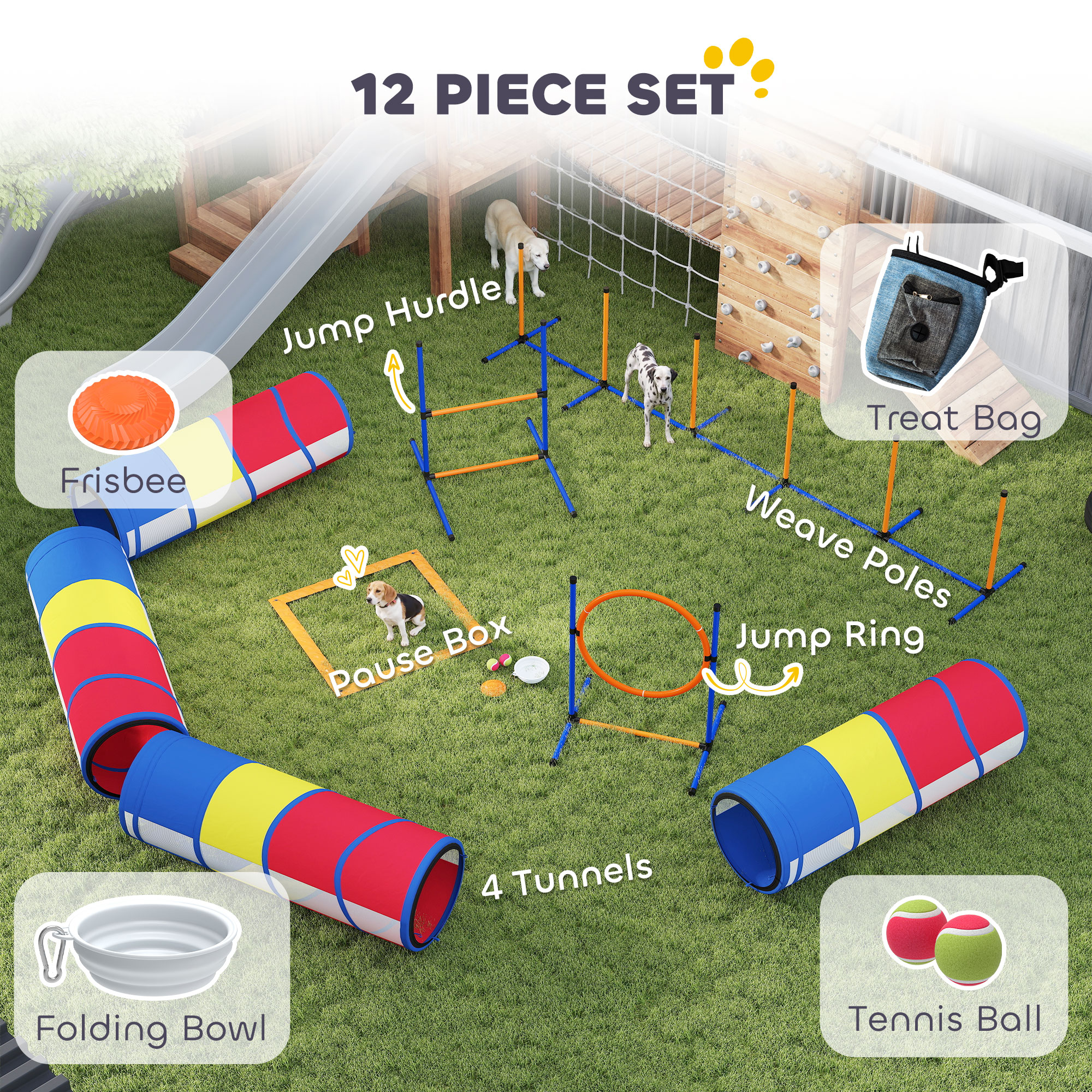 Dog Agility Training Equipment, 12-Piece Dog Obstacle Course with Adjustable Hurdle & Ring, 4 Tunnels, Weave Poles — image 4