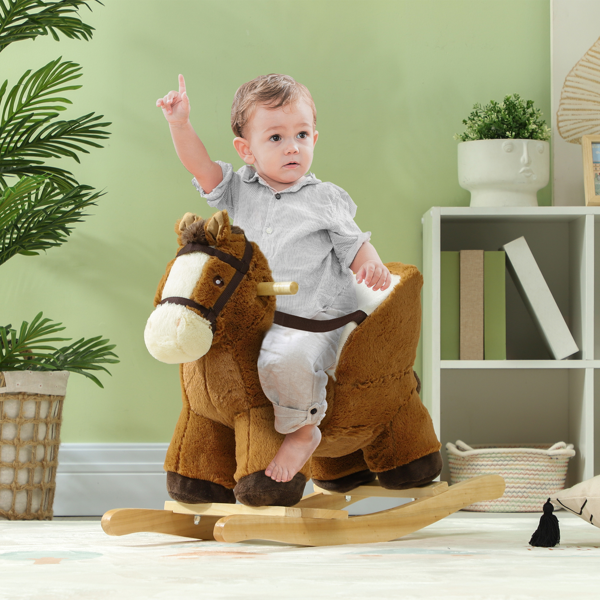 Baby Rocking Horse, Kids Ride-on with Sound, Wooden Base & Safety Belt for Ages 18-36 Months, Brown — image 4