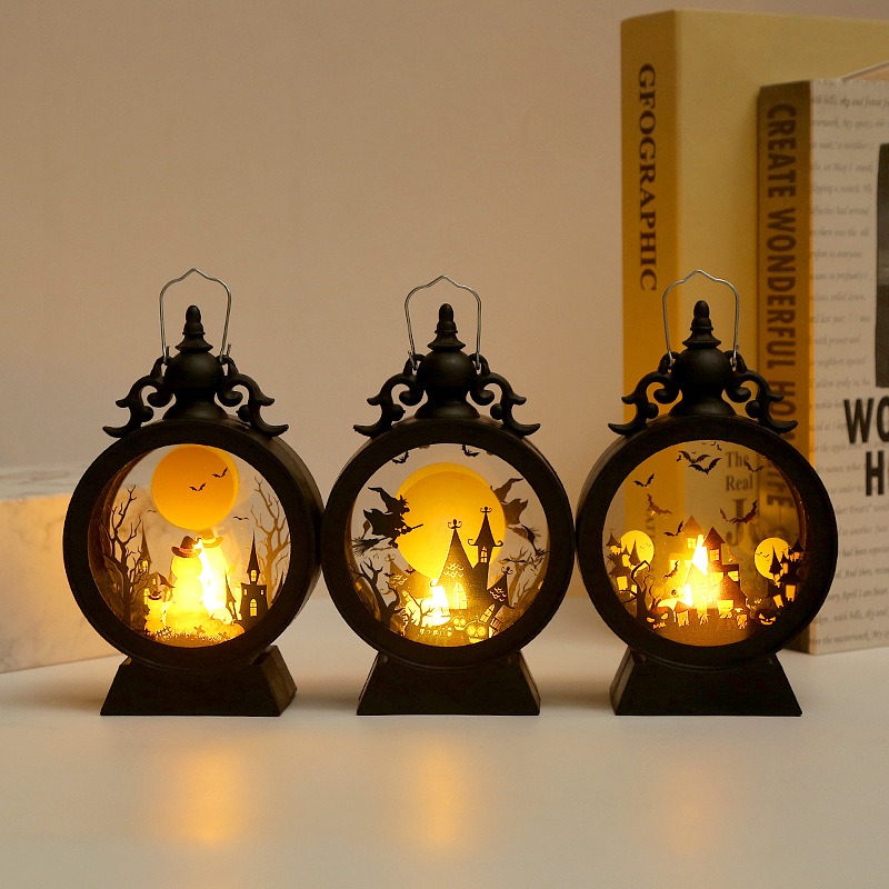 Halloween Decorative Wind Lantern Retro Round Portable Horse Lantern LED Electronic Candle Lamp Atmosphere Decoration — image 9