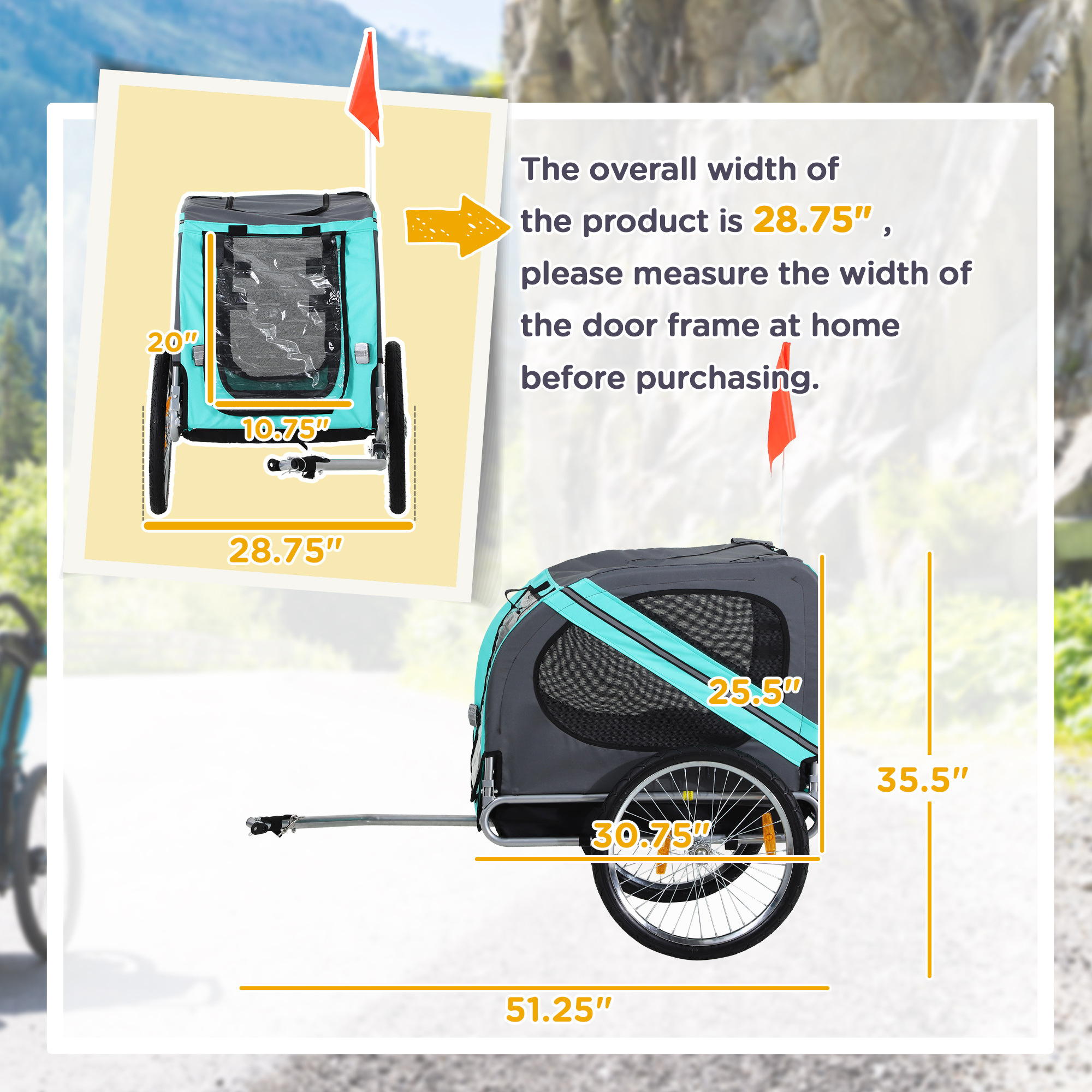 Trailer de bicicleta para perros con 3 entradas, ruedas grandes, verde — imagen 6