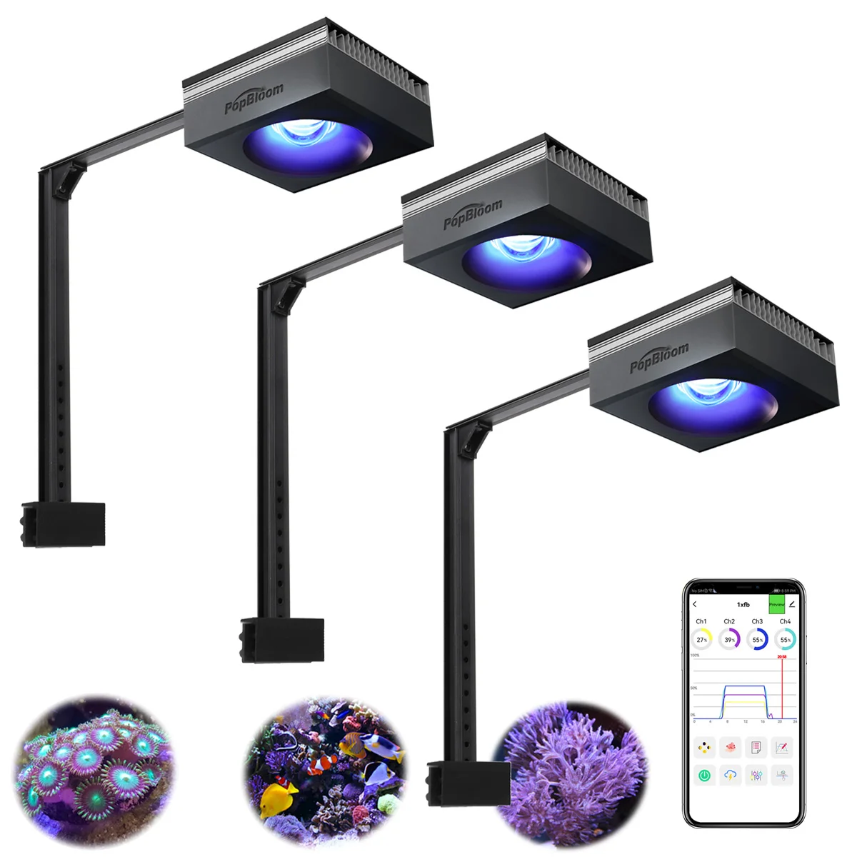 PopBloom 3xRL90 Saltwater Aquarium Light Marine LED Fish Tank Light for 60inch~72inch 150cm~180cm Coral Reef Tanks — image 1