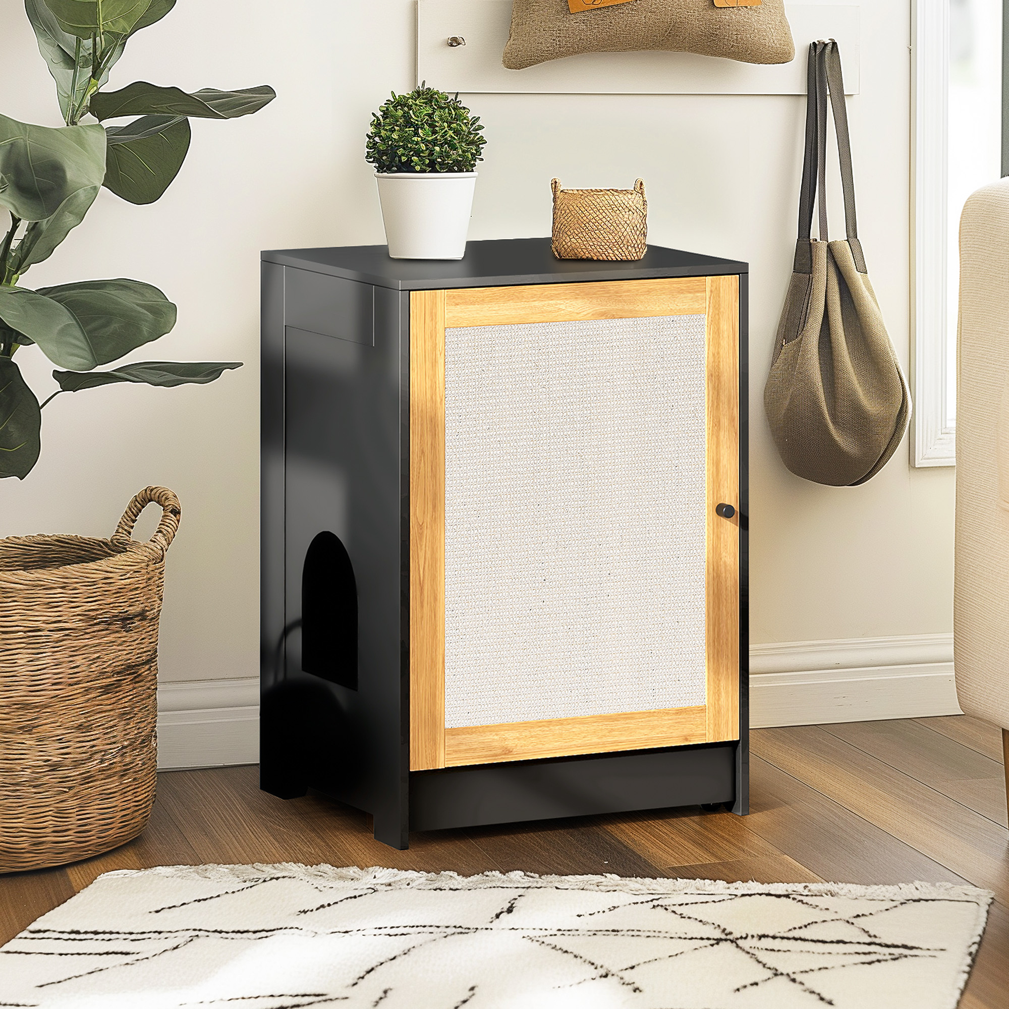 Caja de Arena para Gatos, Baño Oculto, Mesa para Gatos, Armario de Arena con Puerta de Sisal, Negro — imagen 5