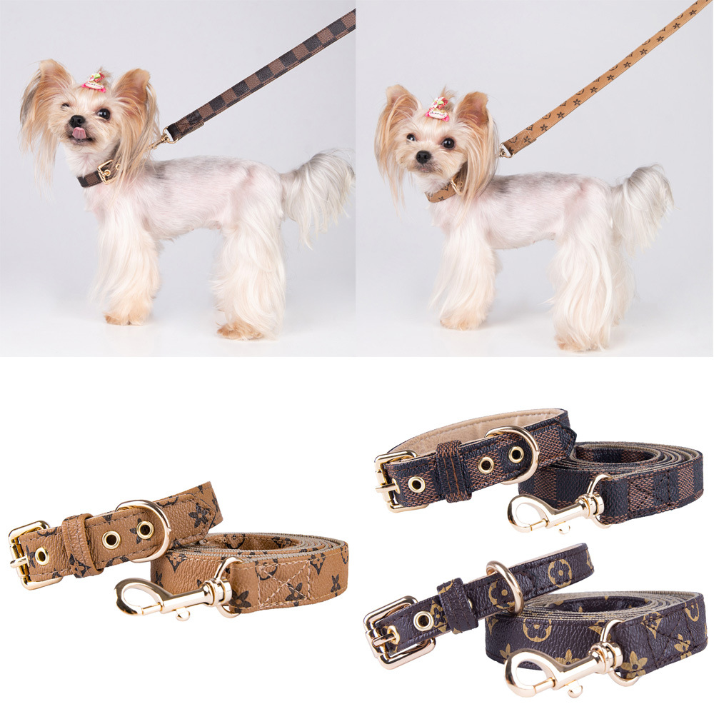 Old Flower Pet Collar PU Leather Dog Collar Traction Rope Cat Traction Collar Dog Walking Rope Anti-String Wear — image 2