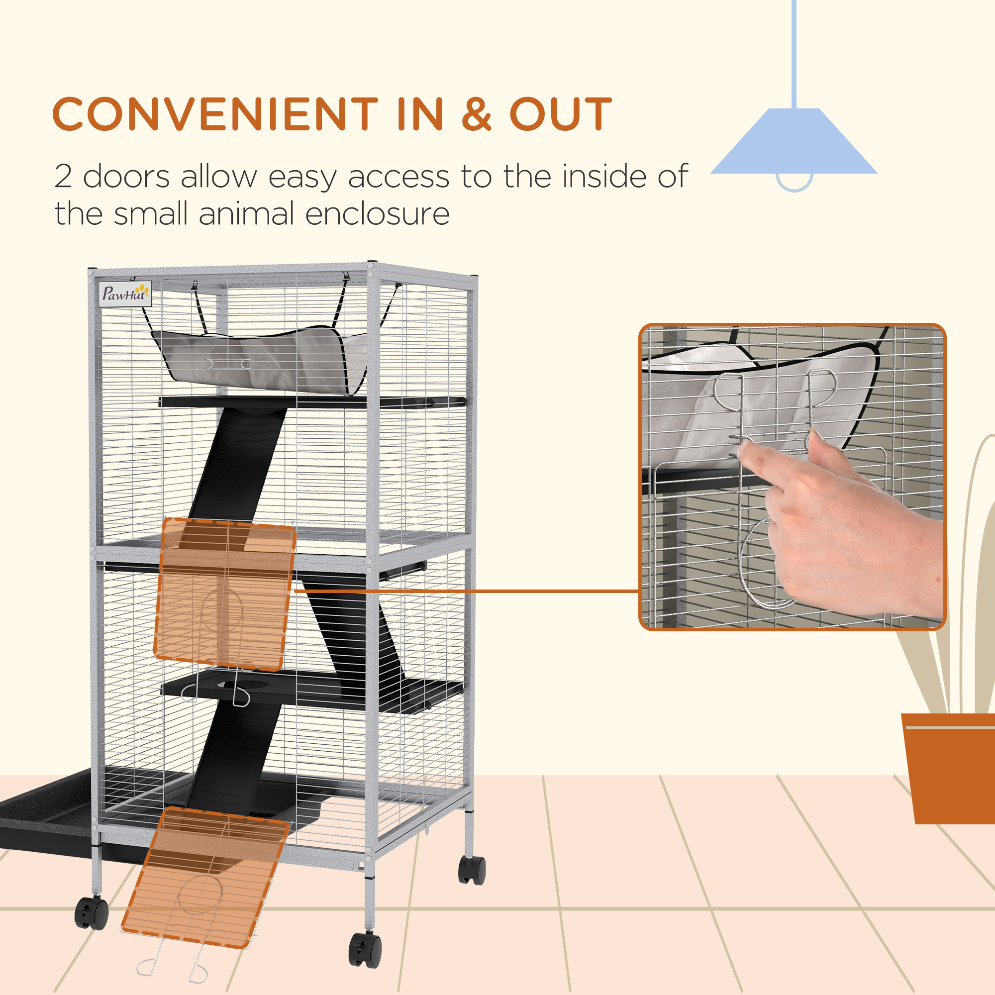 45" H Rolling Small Animal Cage with Hammock, Ferret Cage, Chinchilla Cage, Pet Habitat with 6 Doors, Removable Tray — image 3