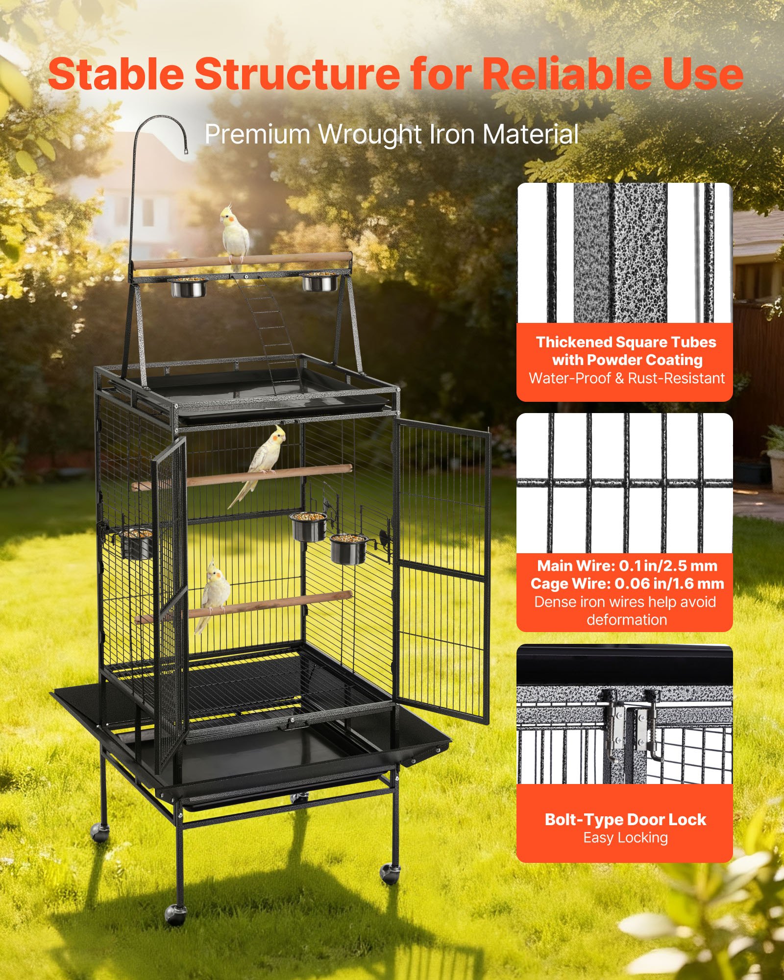 Bird Cage, 32.7 X 31.1 X 82.7 Inch, Open Flat Top, Wrought Iron Bird Flight Cage With Perches, Slide-Out Tray, Plastic Feeders, For Cockatiel, Monk Parakeet, Amazon Parrot, African Grey Parrot — image 3