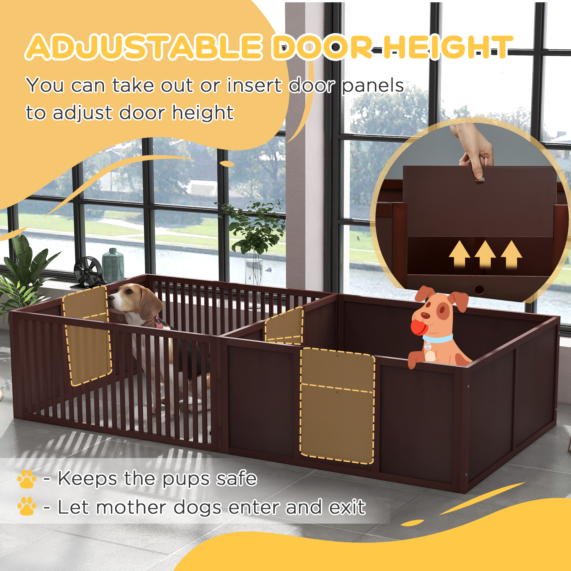 Whelping Box For Dogs Built For Mother's Comfort, Dog Whelping Pen With Removable Doors, Puppy Playpen For Indoors, Newborn Puppy Supplies & Essentials, 81" X 39" X 20", Coffee — imagen 3