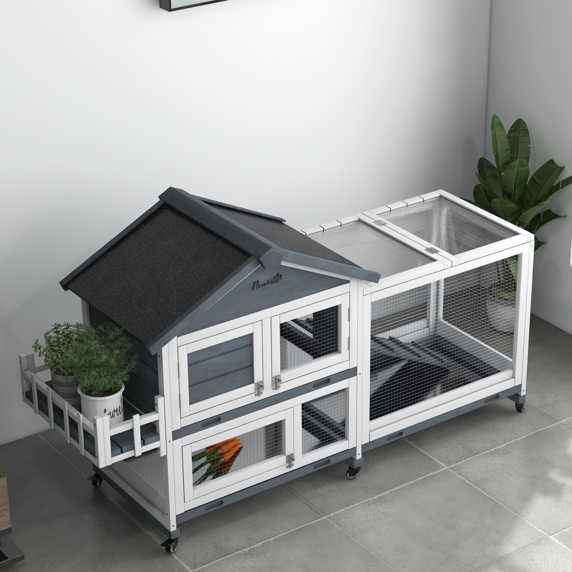 Conejera de Madera de 65", Corral para Mascotas con Techo Abatible y Caja de Almacenamiento para Conejos y Animales Pequeños, Gris — imagen 8