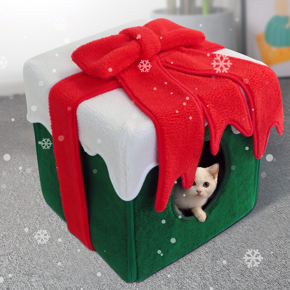 Caja Regalo de Navidad Desmontable para Limpieza de Gatos con Manta Plush Grande Espacio para Dormir — imagen 3