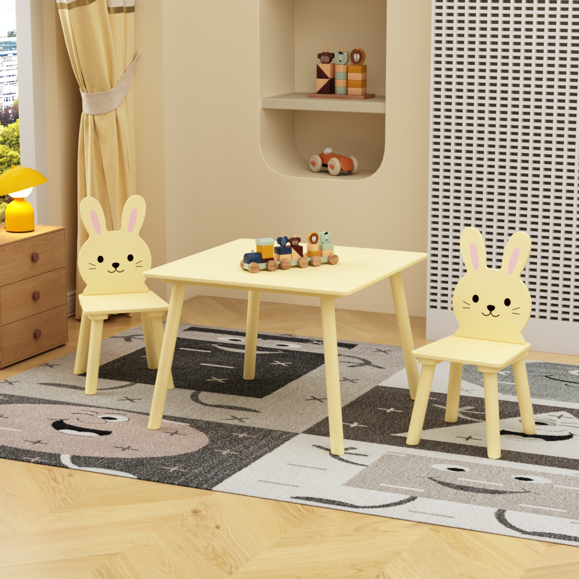 Conjunto de Mesa y Silla para Niños con 2 Sillas de Conejo, Mesa de Actividades de Madera para Bebés con Diseño Animales Adorables para Habitación de Juegos, Dormitorio o Aula - Amarillo Crema — imagen 3