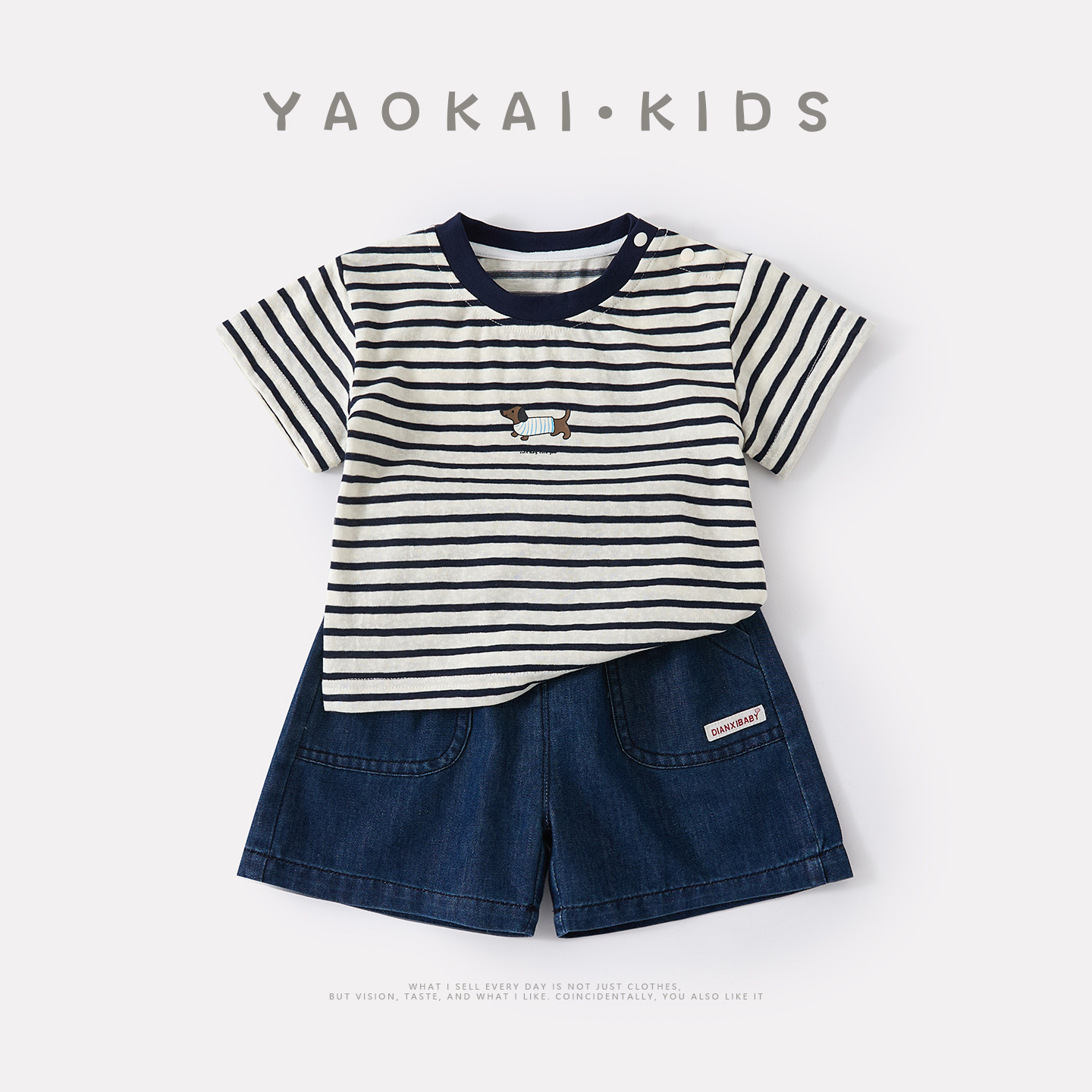 Lightweight Casual Cartoon Dog Stripe Short Sleeve T-Shirt with Stylish Versatile Denim Shorts — image 3