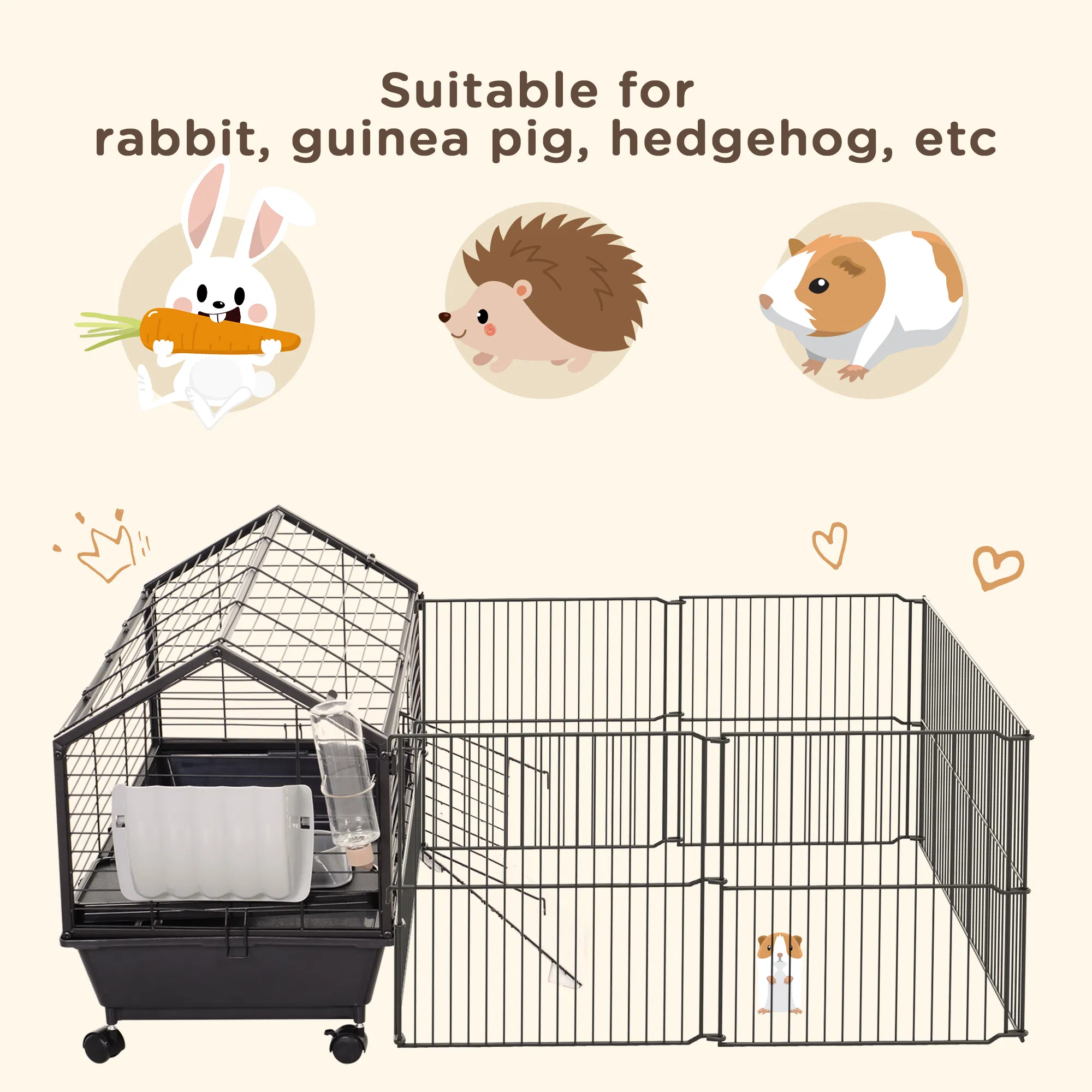 Metal Small Animal Cage, Rabbit Cage for Guinea Pig Chinchilla Hedgehog Bunny with Removable Wheels and Foldable Detachable Run Fence, 34.6" L x 50.6" W x 22" H — image 2