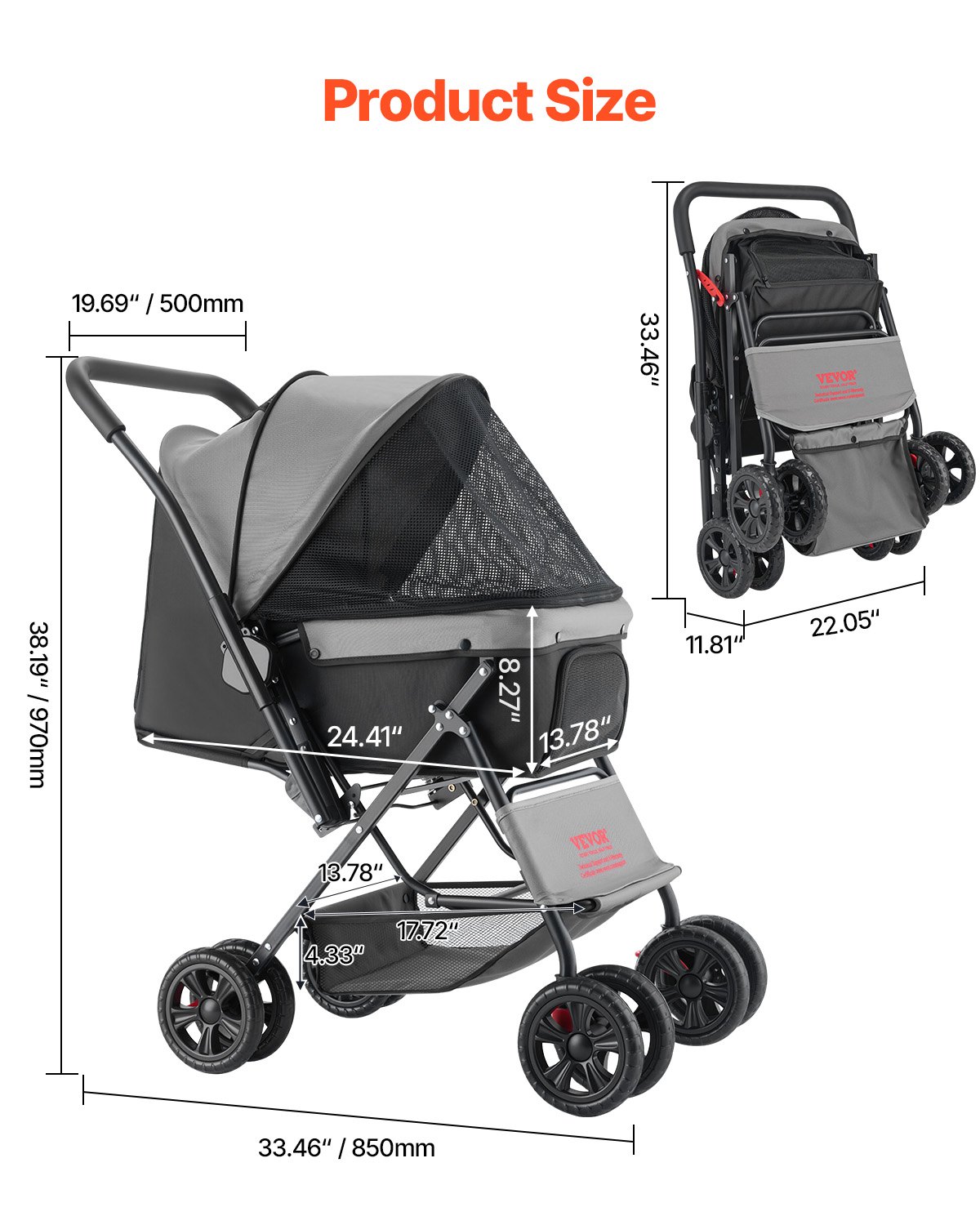 Pet Stroller Foldable 4 Wheels Travel Dog Stroller Reversible Handle Up To 44lbs — image 4
