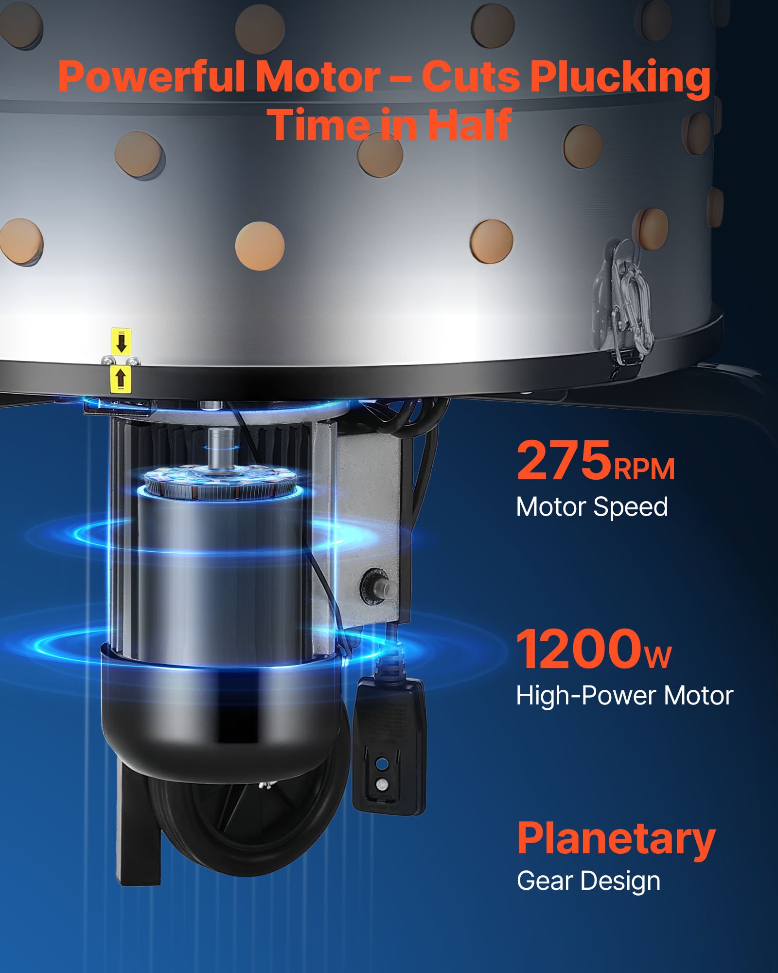Máquina de Arrancador de Piojos de Pollo, 25.6'' Cilindro, 1200W y 275RPM - Arranca Plumas Eléctrico con 158 Dedos Blandos y Ruedas de Transporte para Carne de Pollo — imagen 5