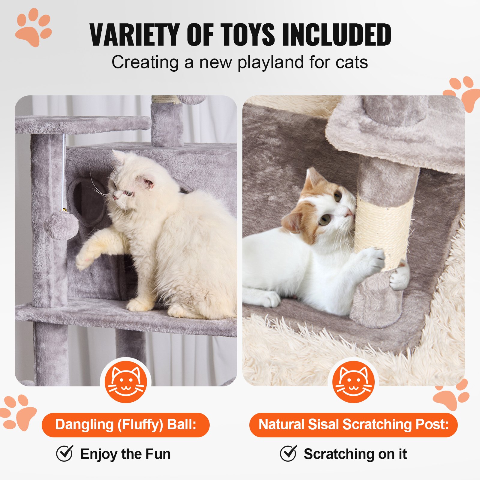Cat Tree For Indoor Cats, 68.5" Cat Tower With 2 Cat Condos, Sisal Scratching Post, Hammock, Top Perch, Jumping Platforms, Large Cat Furniture Activity Center With Hang Ball, Light Grey — image 3