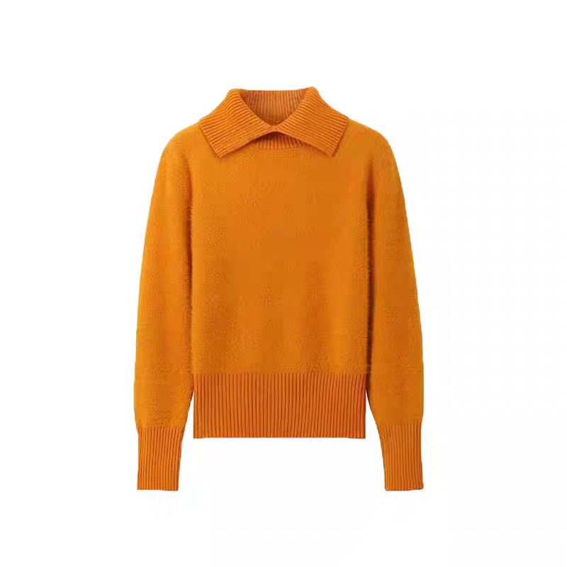 Women's Lapel Collar Long Sleeve Soft Faux Mink Knit Sweater — image 2