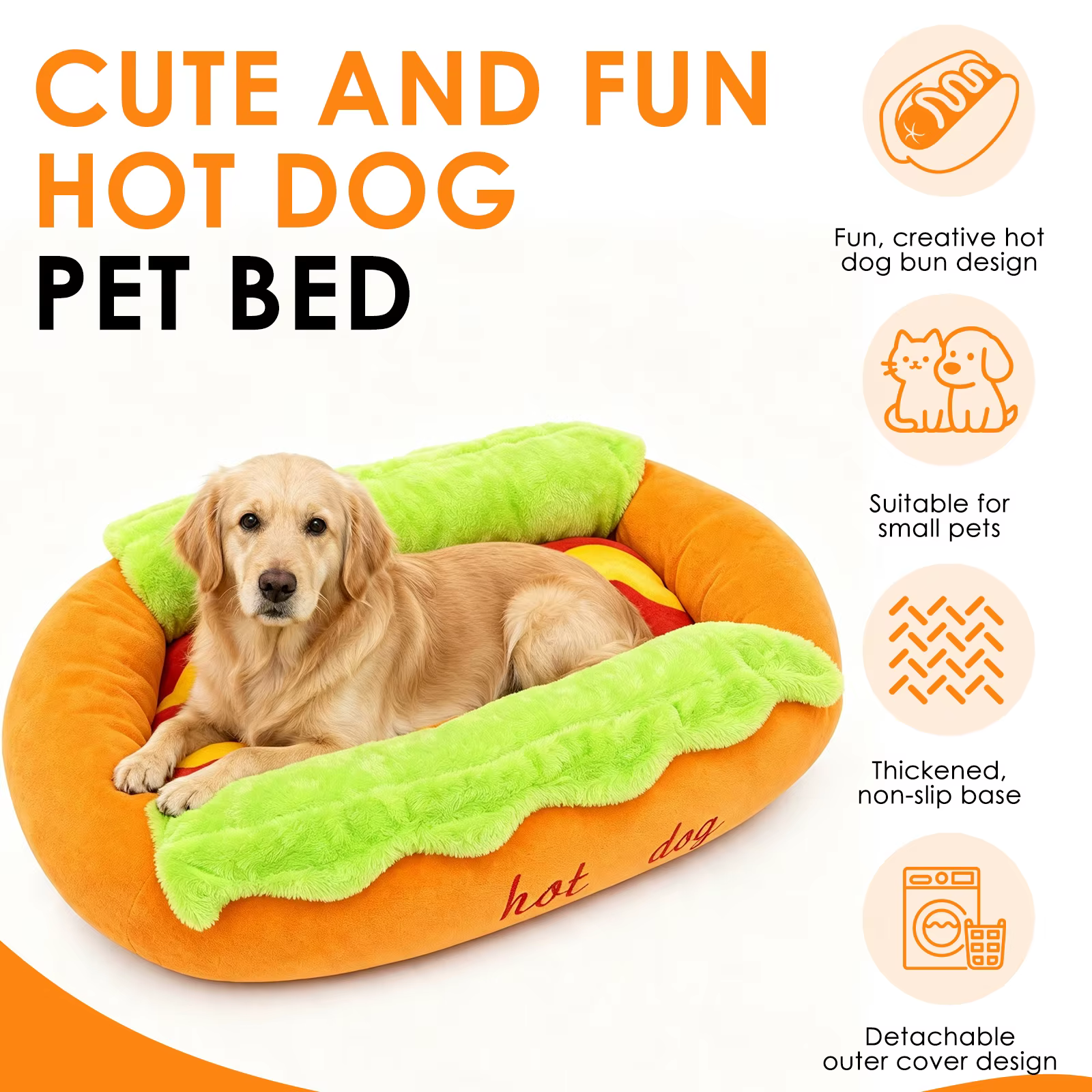 Cama para perro con diseño de pan de hot dog, suave, cómoda, con funda exterior desmontable y lavable, antideslizante, sofá para perros, suministros para mascotas — imagen 2